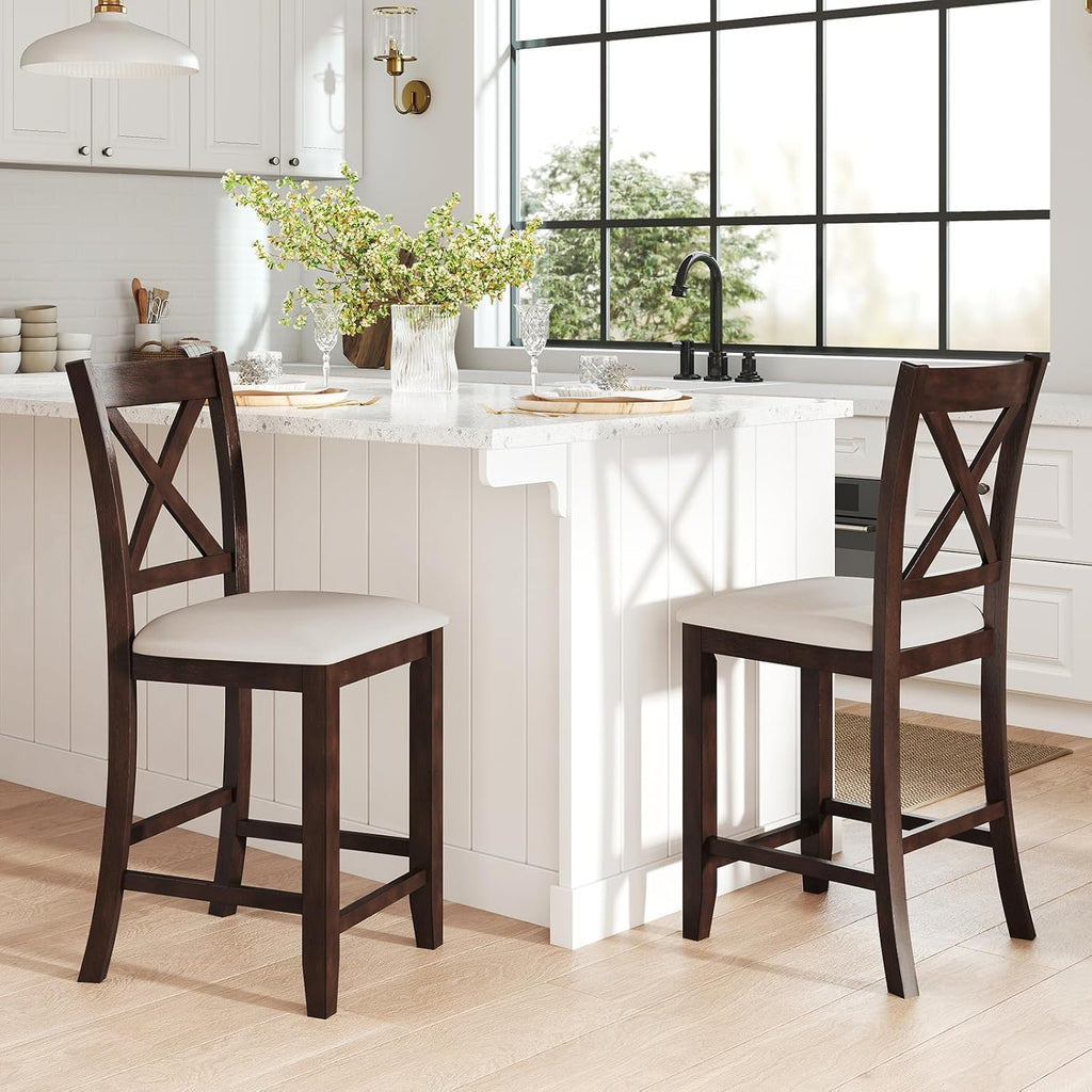 Giantex 24" Bar Stools Set of 4, Farmhouse Counter Height Barstools w/Footrest, Cross Back, Comfortable Linen Cushion, Upholstered Wood Bar Chairs for Kitchen Island Dining Room Cafe, Walnut & Beige