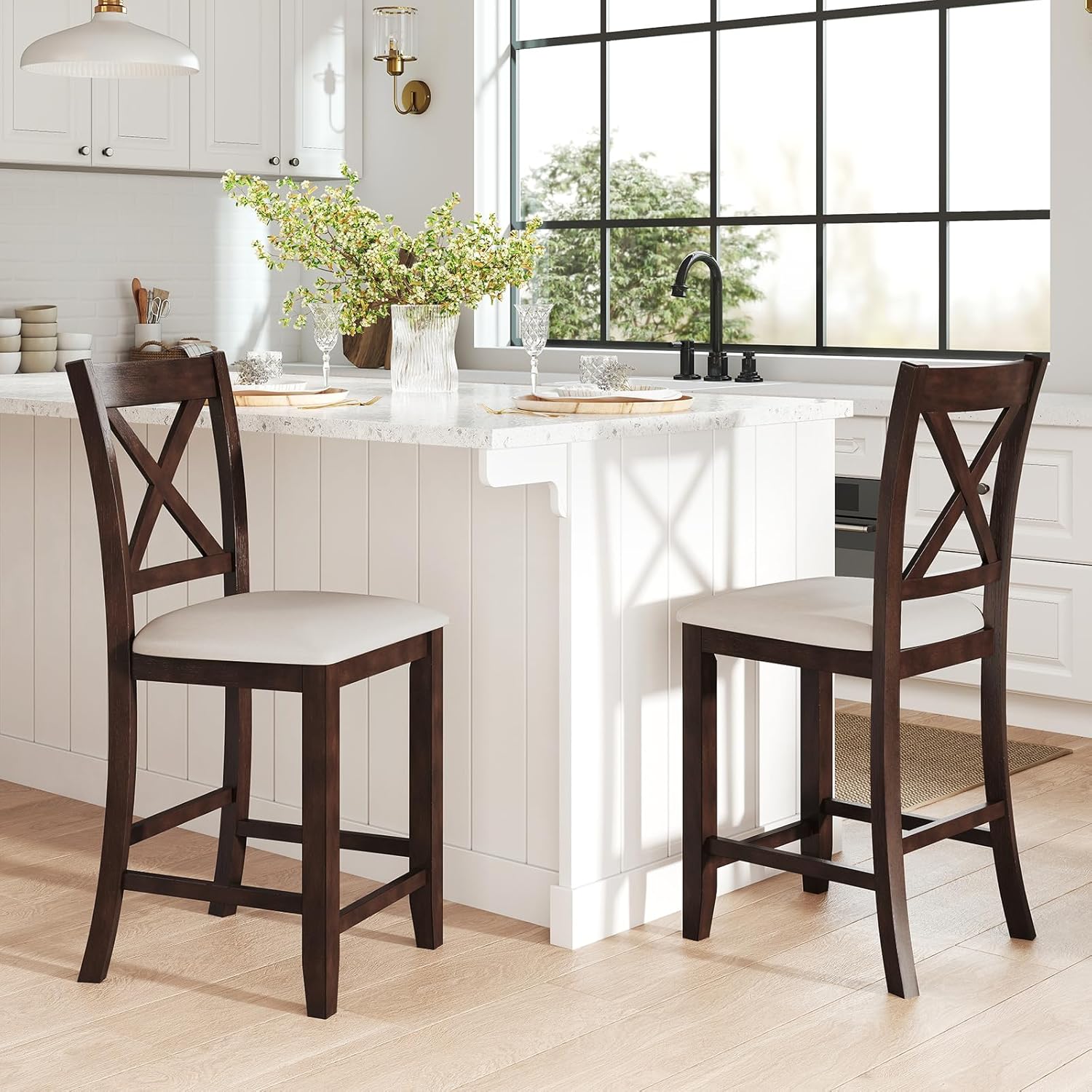 Giantex 24" Bar Stools Set of 4, Farmhouse Counter Height Barstools w/Footrest, Cross Back, Comfortable Linen Cushion, Upholstered Wood Bar Chairs for Kitchen Island Dining Room Cafe, Walnut & Beige