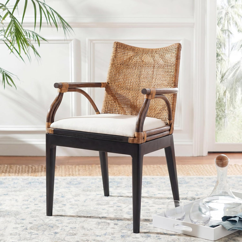 SAFAVIEH Furniture - Gianni Rattan Arm Chair - Brown & Black - Solid Wood - Coastal Open-Arm Design - Ideal for Living Room, Sunroom, Bedroom, 19.8" Seat Height (SEA4011A)
