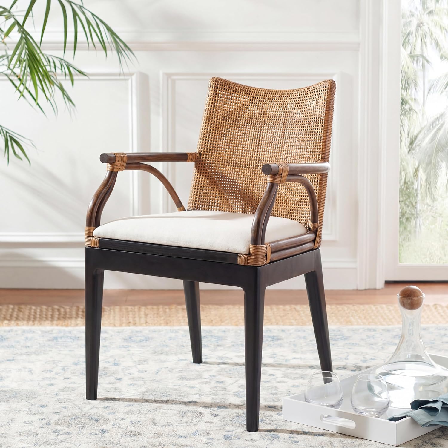 SAFAVIEH Furniture - Gianni Rattan Arm Chair - Brown & Black - Solid Wood - Coastal Open-Arm Design - Ideal for Living Room, Sunroom, Bedroom, 19.8" Seat Height (SEA4011A)