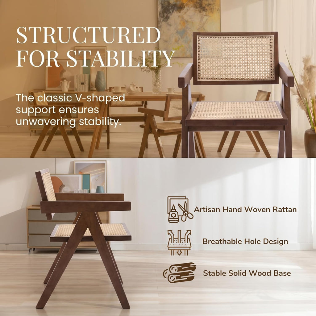 Hyfirm Rattan Dining Chairs Set of 2, Cane Back Wooden Kitchen Chairs with Bamboo Wicker Seat Mid Century Modern Side Chairs with Arms, Walnut