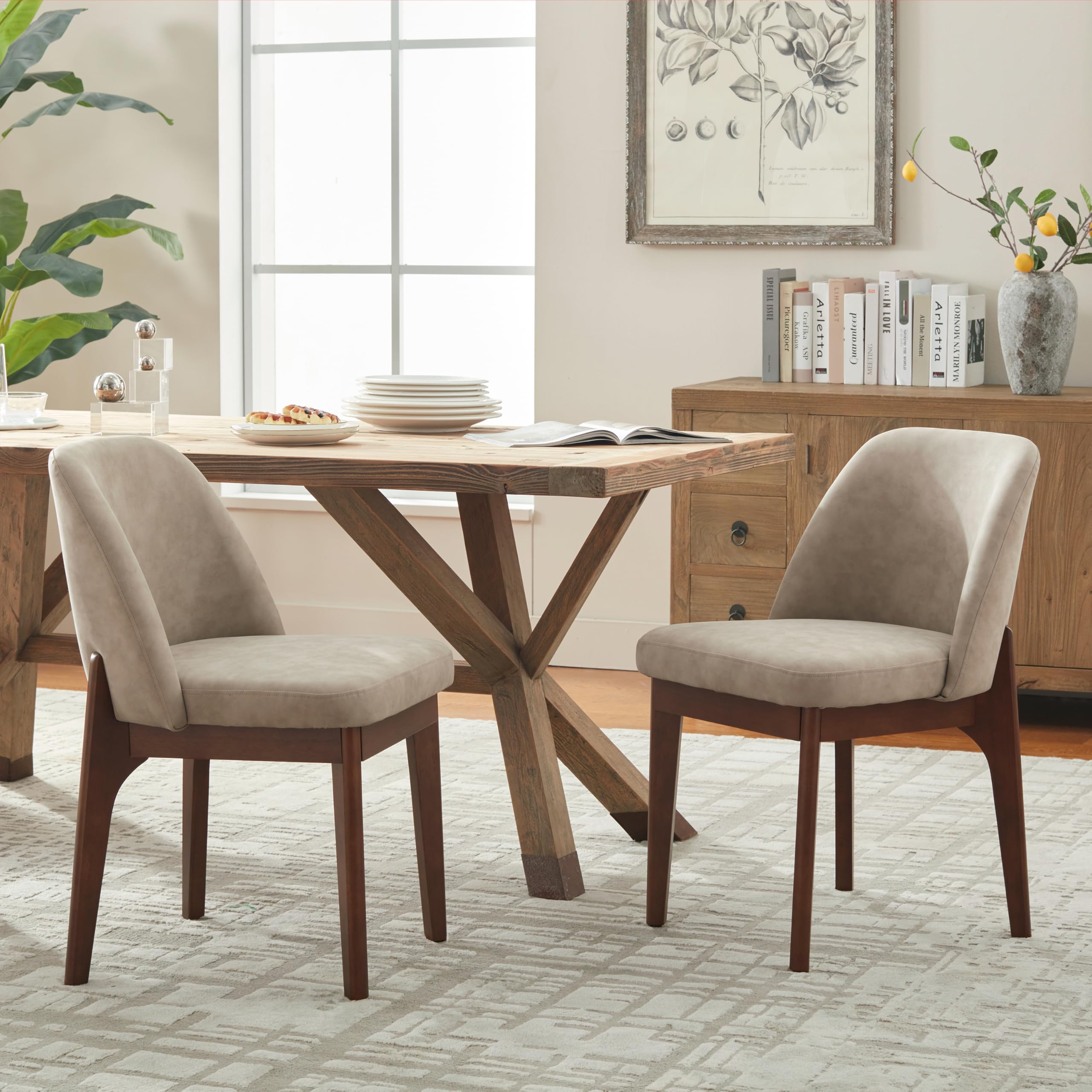 VKNOW Modern Dining Chairs Set of 2, Faux Leather Kitchen Chairs with Wood Legs, Upholstered Side Chair for Kitchen Dining Room, Beige