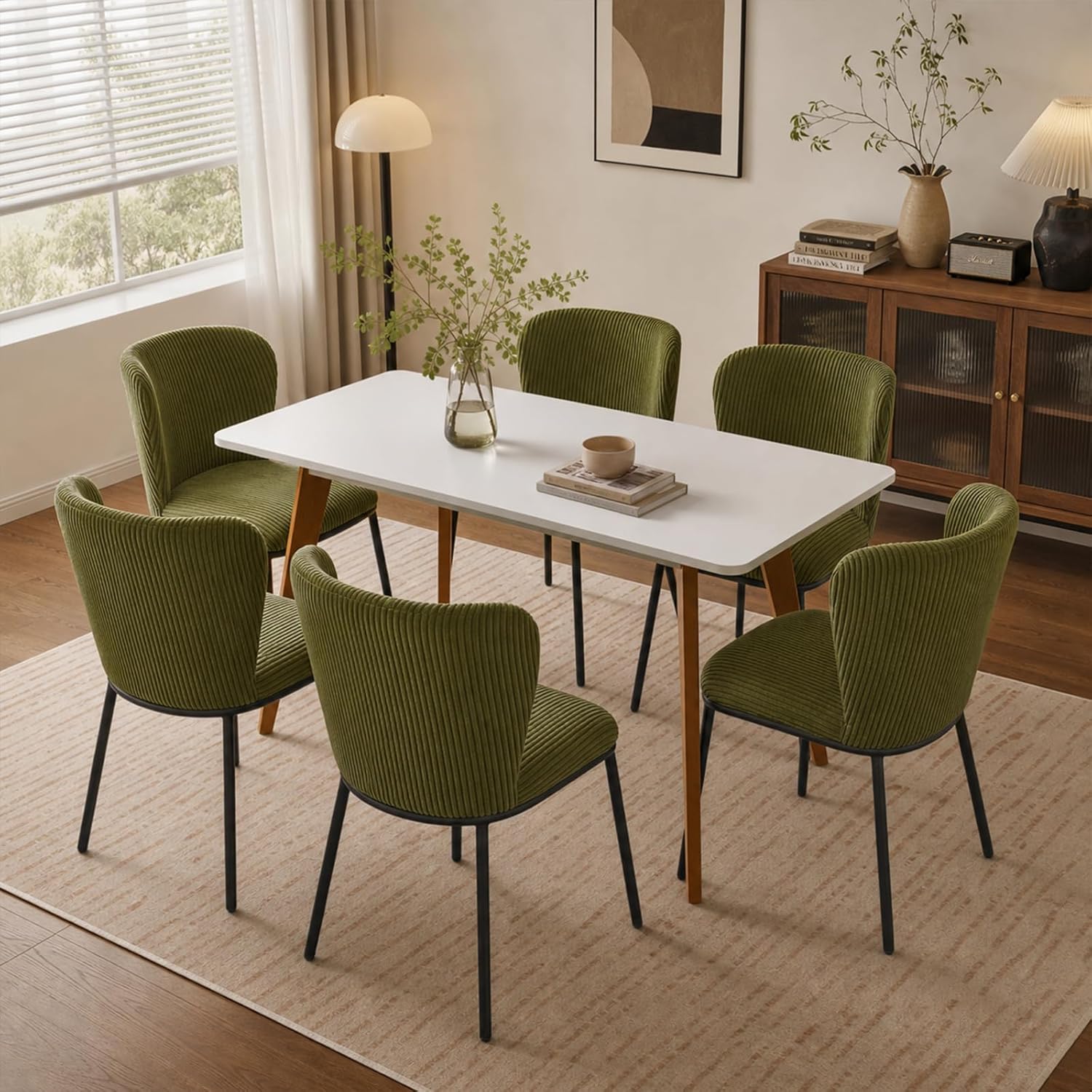 SIMTONAL Dining Chairs Set of 6, Dining Chair, Thickened Cushion, Corduroy Fabric, Easy to Clean & Assemble, for Dining Room/Living Room/Office, Green