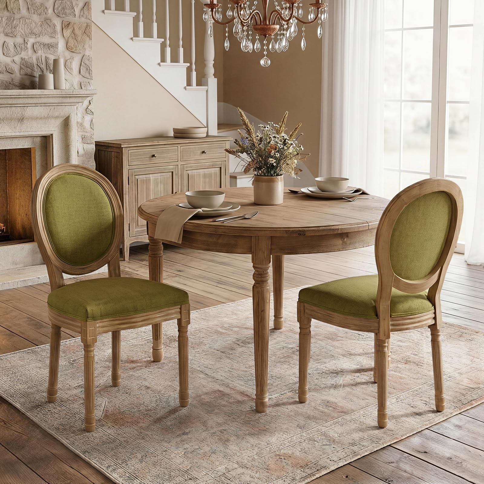 SoarFlash French Dining Chairs Set of 2, Vantage Dining Chair with Round Back, Wood Leg Farmhouse Country Rattan Dining Chair for Kitchen,Bedroom,Beige