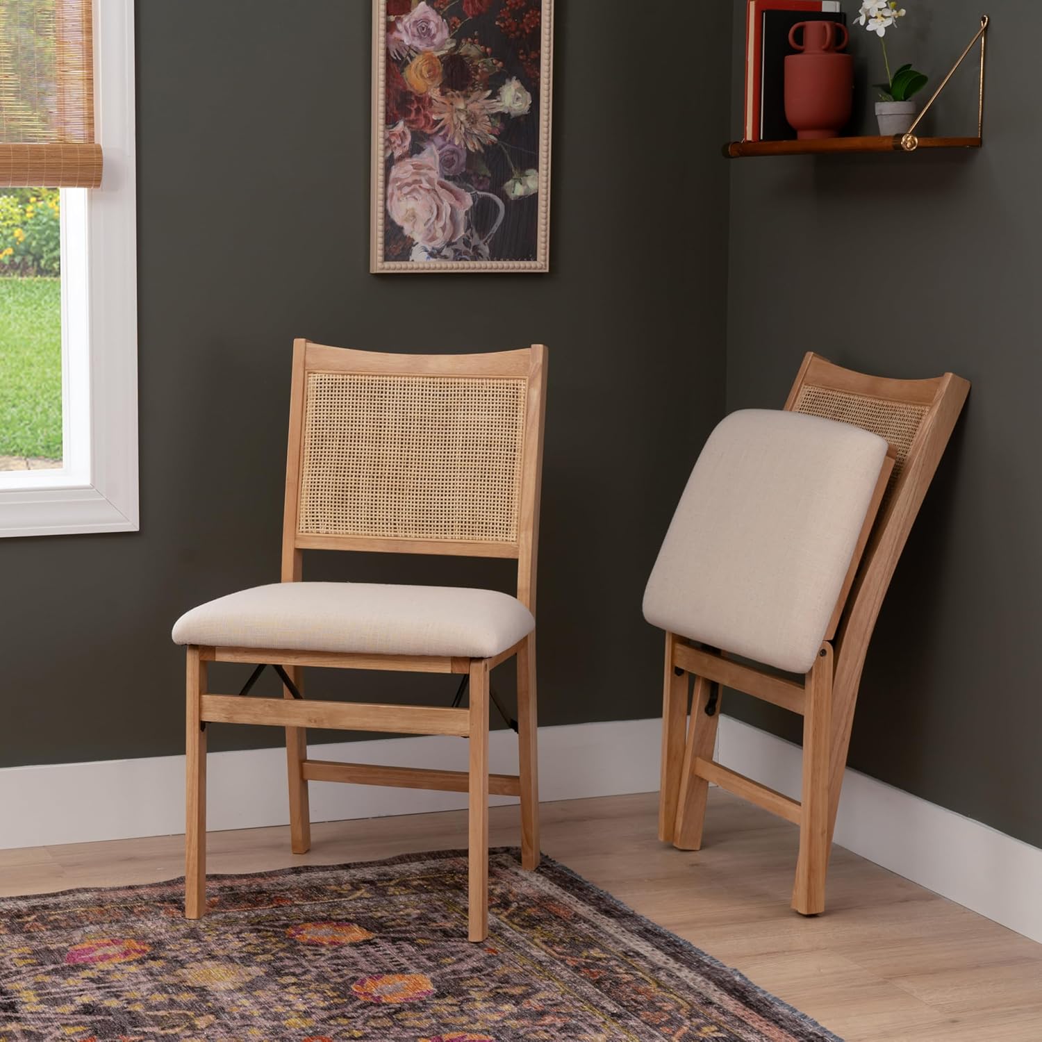 Powell Kasi Beige Rattan Cane Folding Foldable Dining Side Chair, Natural