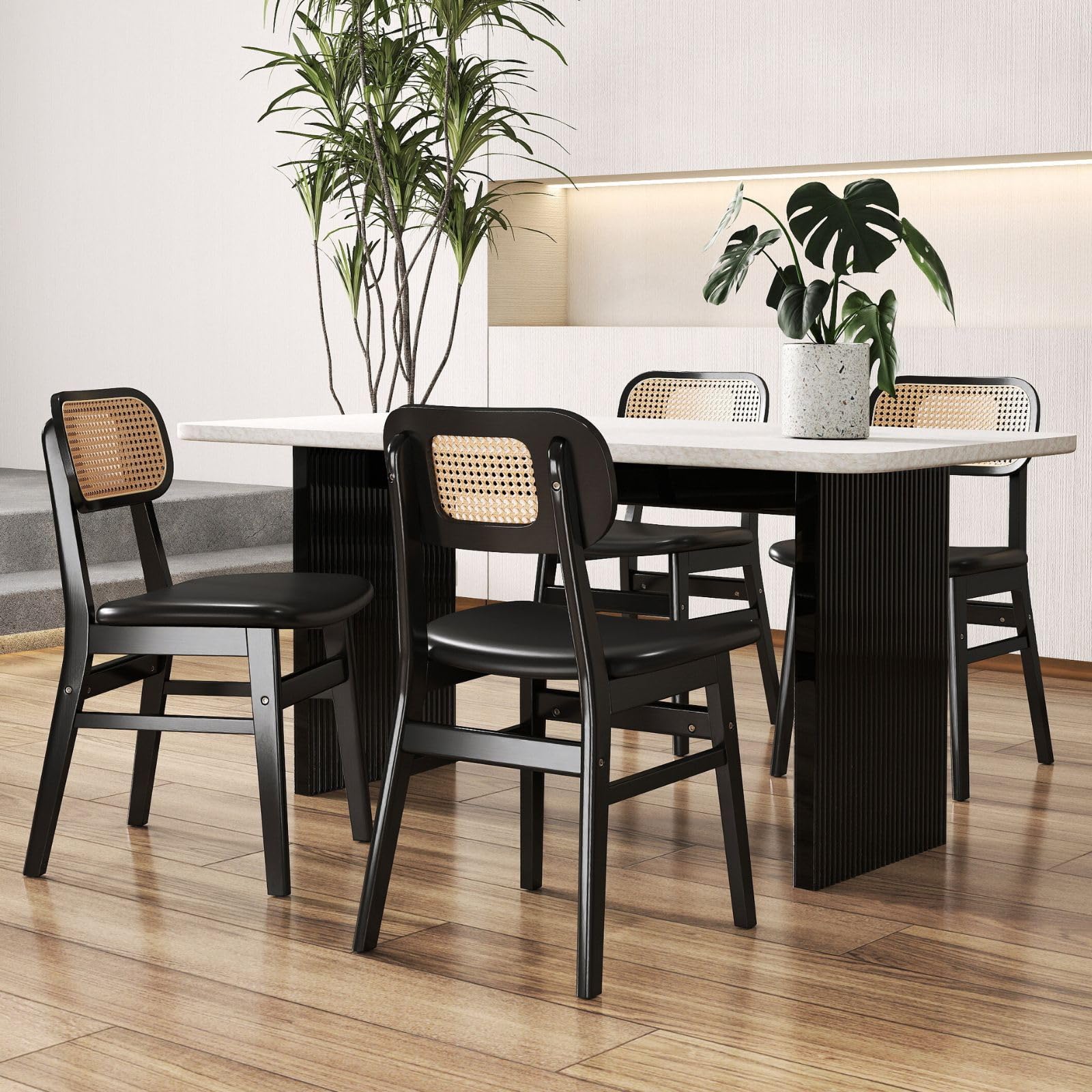 ROCITY Rattan Dining Chairs Set of 2 White Faux Leather Dining Room Chairs Natural Wooden Kitchen Chairs Farmhouse Side Chairs