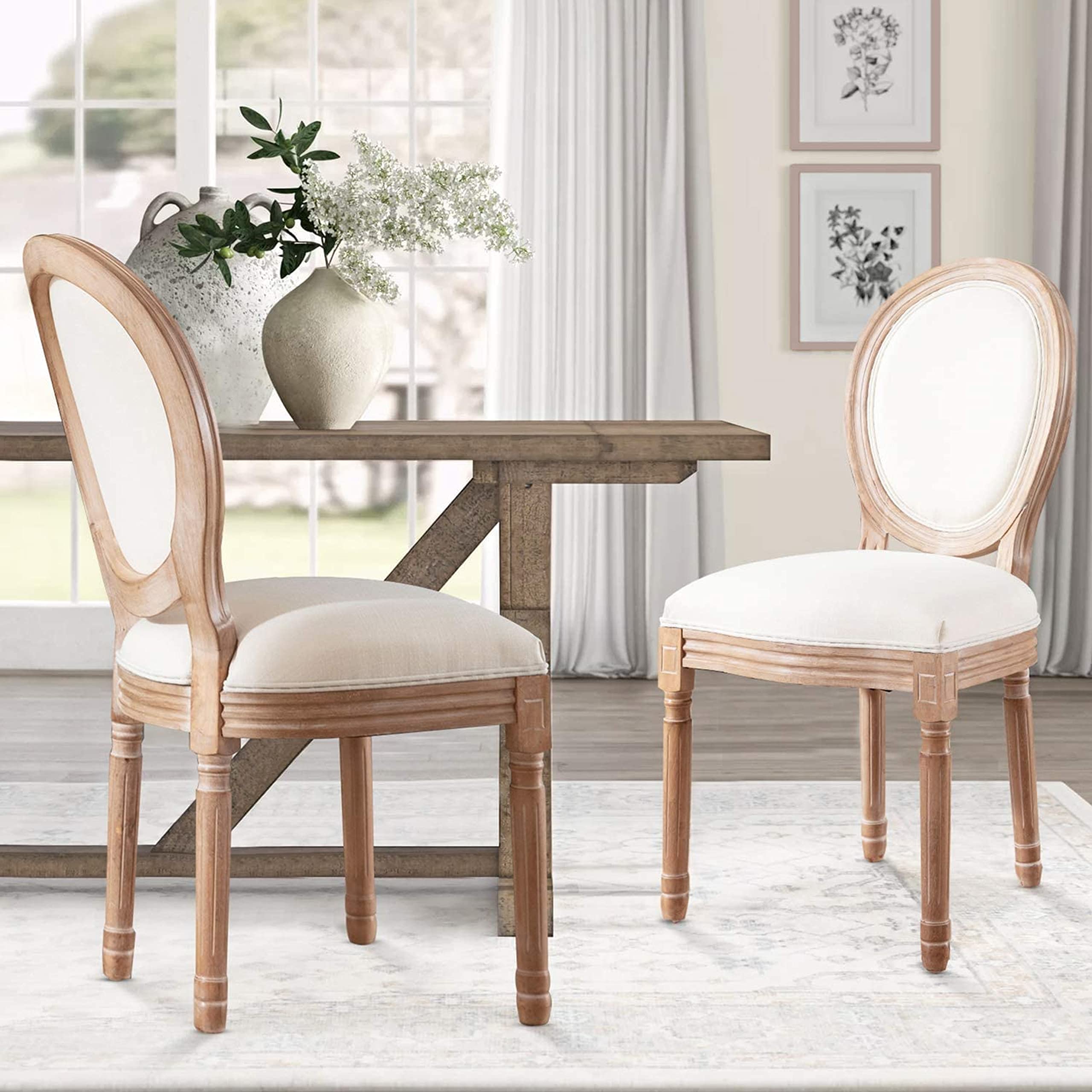 Nrizc French Country Dining Chairs Set of 4, Farmhouse Fabric Chairs with Round Back, Rattan Dining Chair, Oval Side Chairs for Dining Room/Living Room/Kitchen/Restaurant