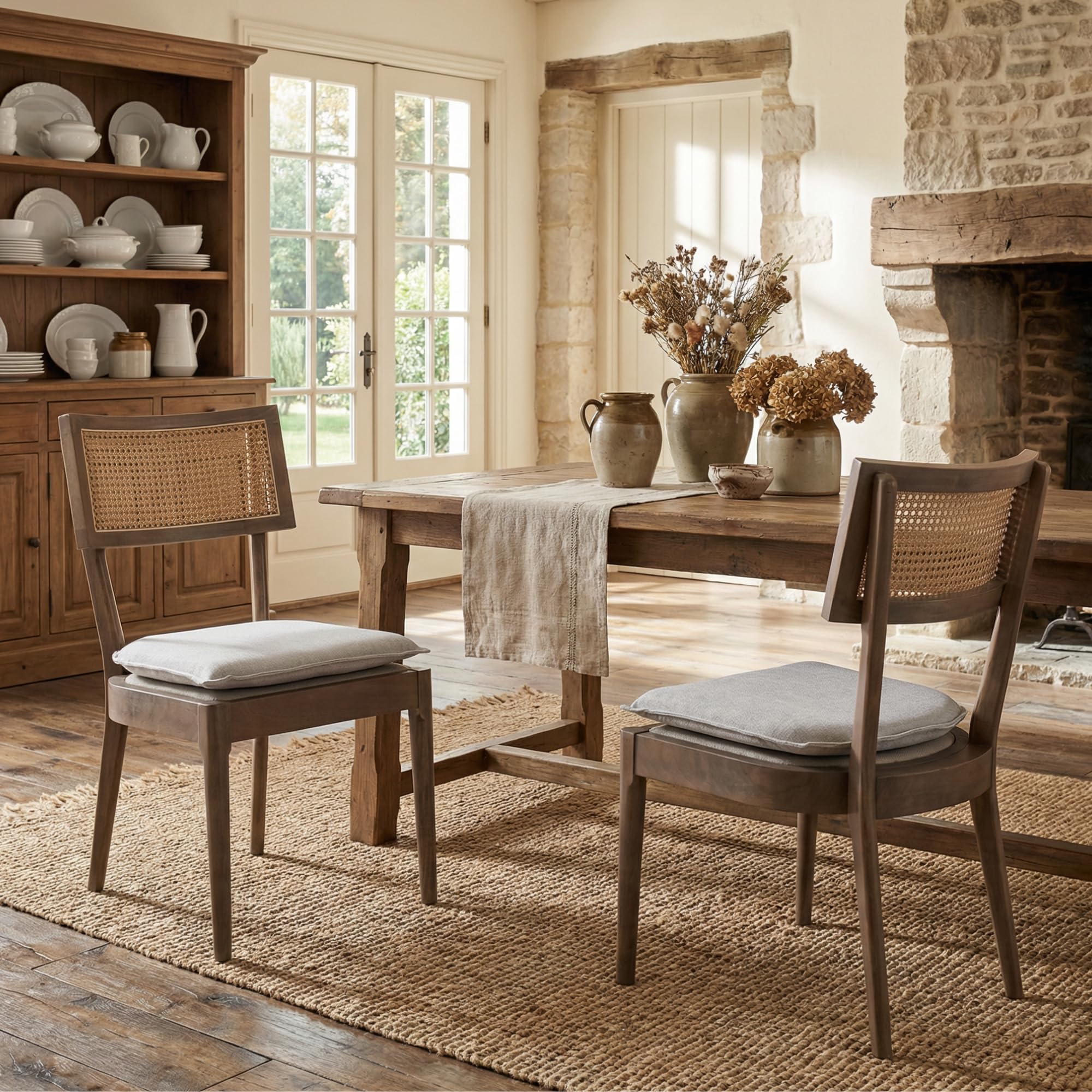 Hyfirm Rattan Dining Chairs Set of 2, Cane Back Wooden Kitchen Chairs with Bamboo Wicker Seat Mid Century Modern Side Chairs with Arms, Walnut