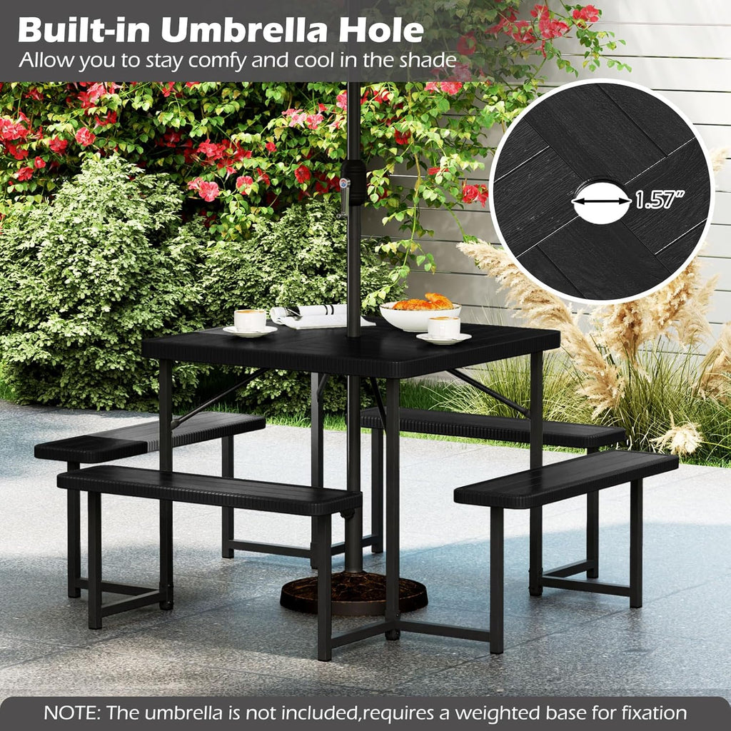 Tangkula 8 Person Picnic Table, HDPE Outdoor Square Table and Bench Set with 4 Built-in Benches, Umbrella Hole, Metal Frame for Garden Yard Patio Lawn
