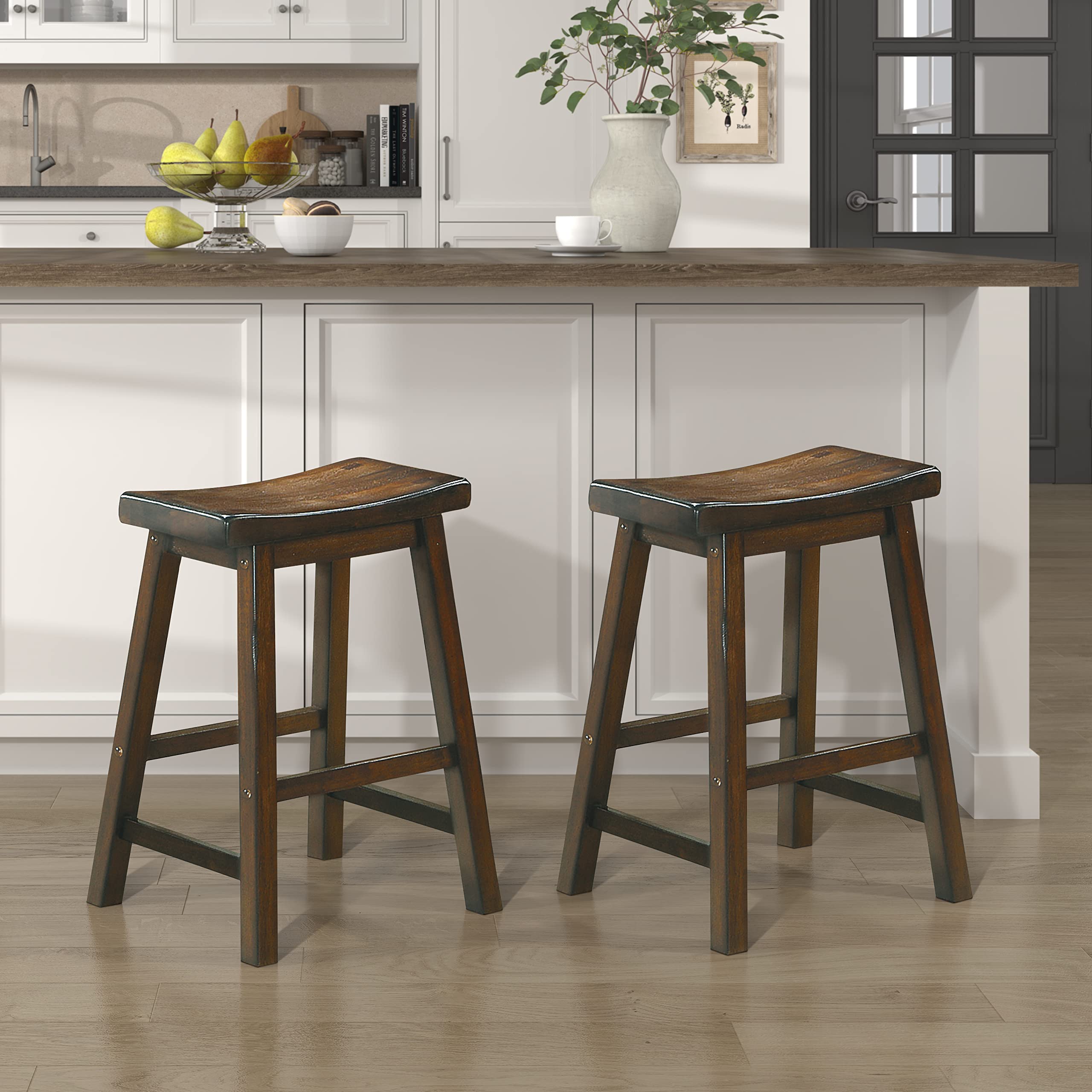 Lexicon Finnian Saddle Solid Wood Stool Set of 2 - Saddle Kitchen Stool Dining Height Stools for Dining, Armless Counter Chair Seating, Perfect Casual - 17.5" SH Oak