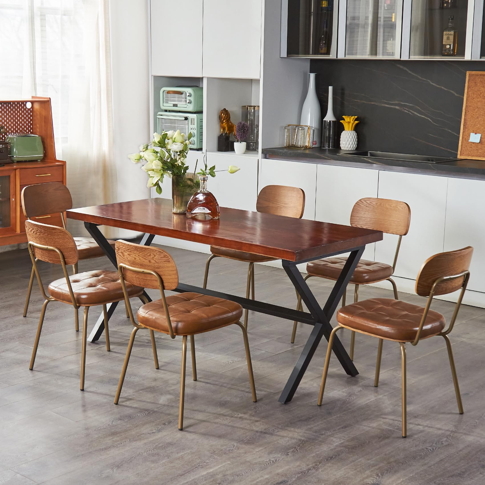 Mid Century Modern Dining Chairs Set of 2, Retro Chair with Faux Leather Upholstered Seat & Solid Wood Backrests & Vintage Distressing Metal Legs & Leg Protectors for Kitchen Dining Room (Dark Green)