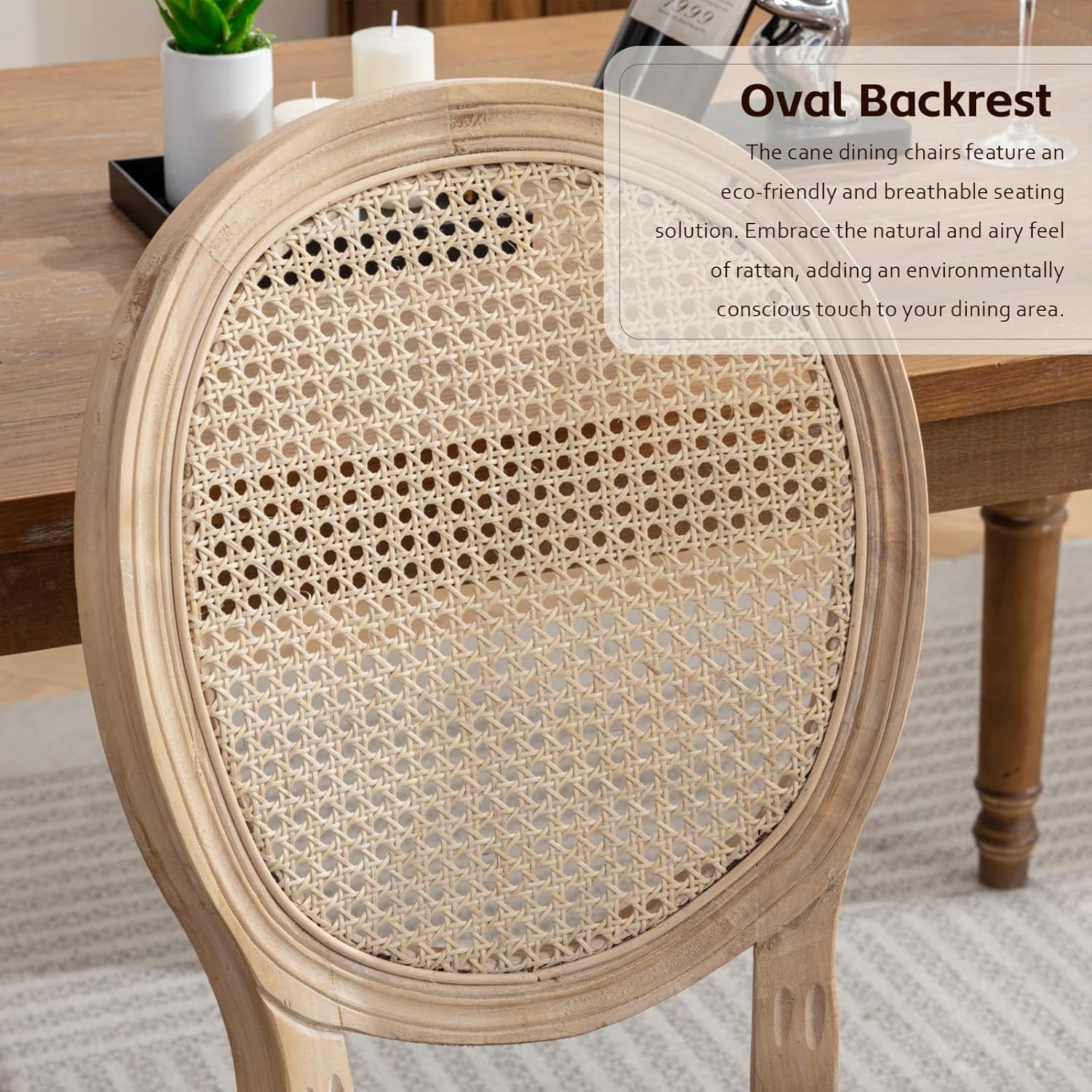 Rattan Back Upholstered Dining Chairs Set of 4 French Country Oval Kitchen Side Chairs with Wood Legs for Dining Room, Kitchen, Restaurant(Beige-Rattan)