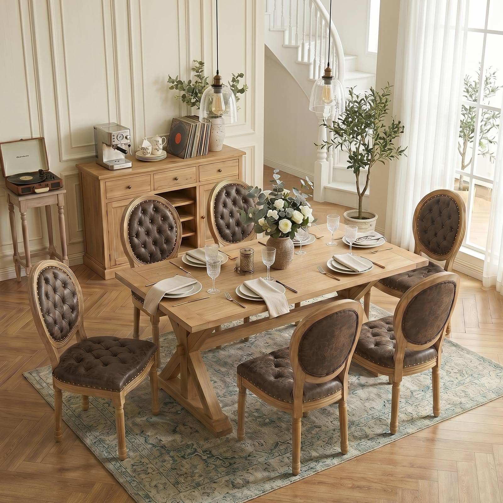 SoarFlash French Dining Chairs Set of 2, Vantage Dining Chair with Round Back, Wood Leg Farmhouse Country Rattan Dining Chair for Kitchen,Bedroom,Beige