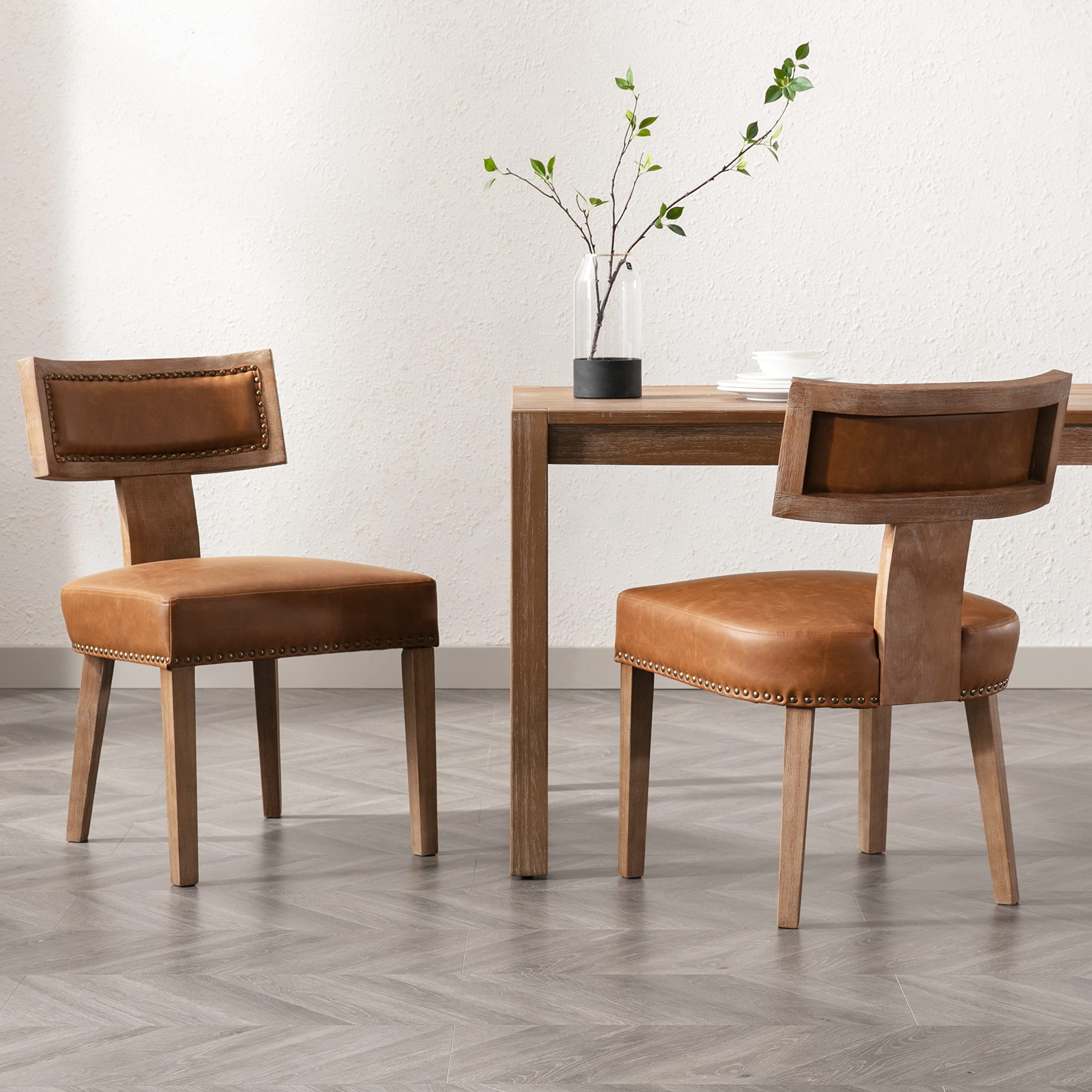 RIVOVA Rattan Dining Chairs Set of 4, Mid Century Modern Dining Chair Upholstered Linen Fabric Kitchen Side Chair, Modern Kitchen Armless Solid Wood Dining Chairs, Beige