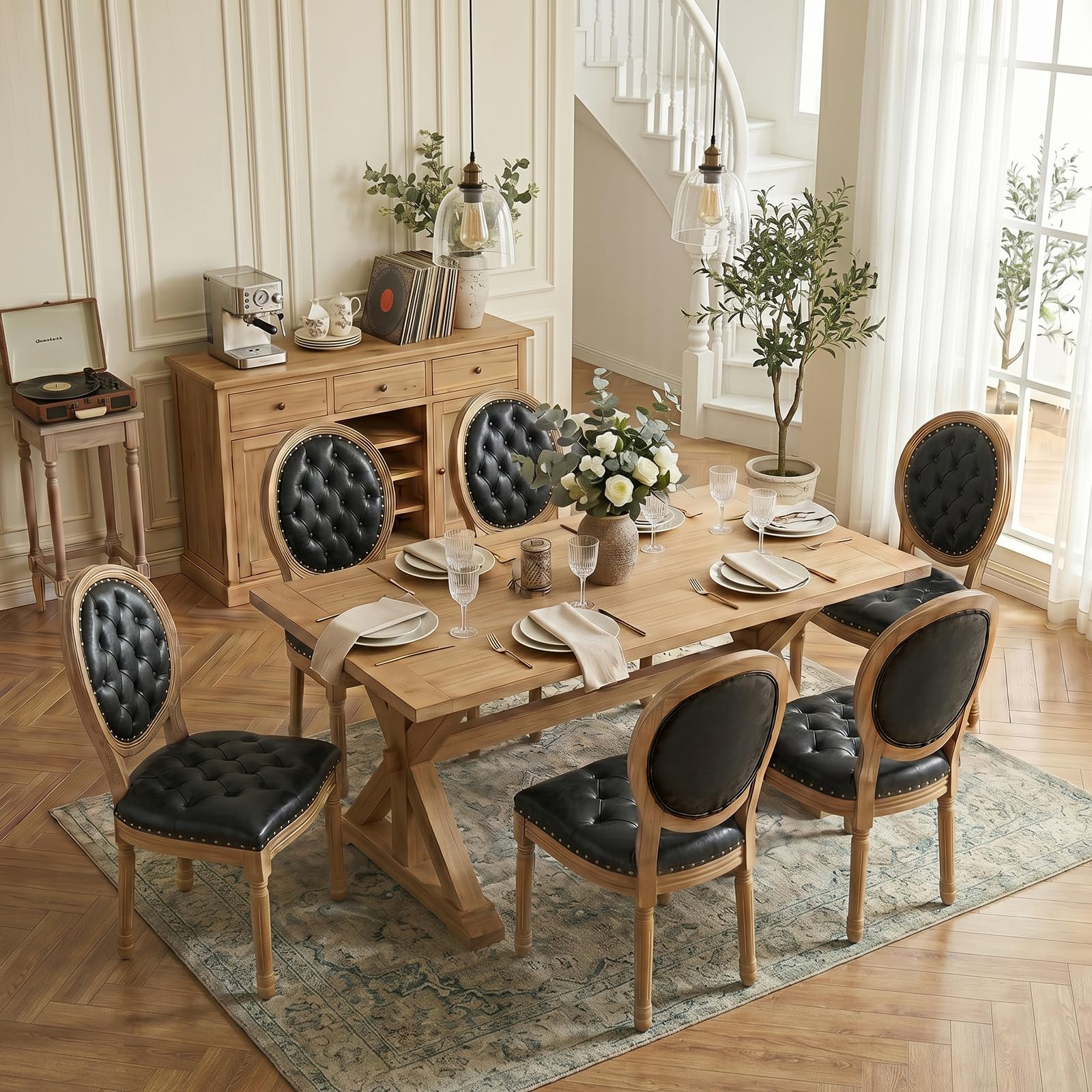 SoarFlash French Dining Chairs Set of 2, Vantage Dining Chair with Round Back, Wood Leg Farmhouse Country Rattan Dining Chair for Kitchen,Bedroom,Beige