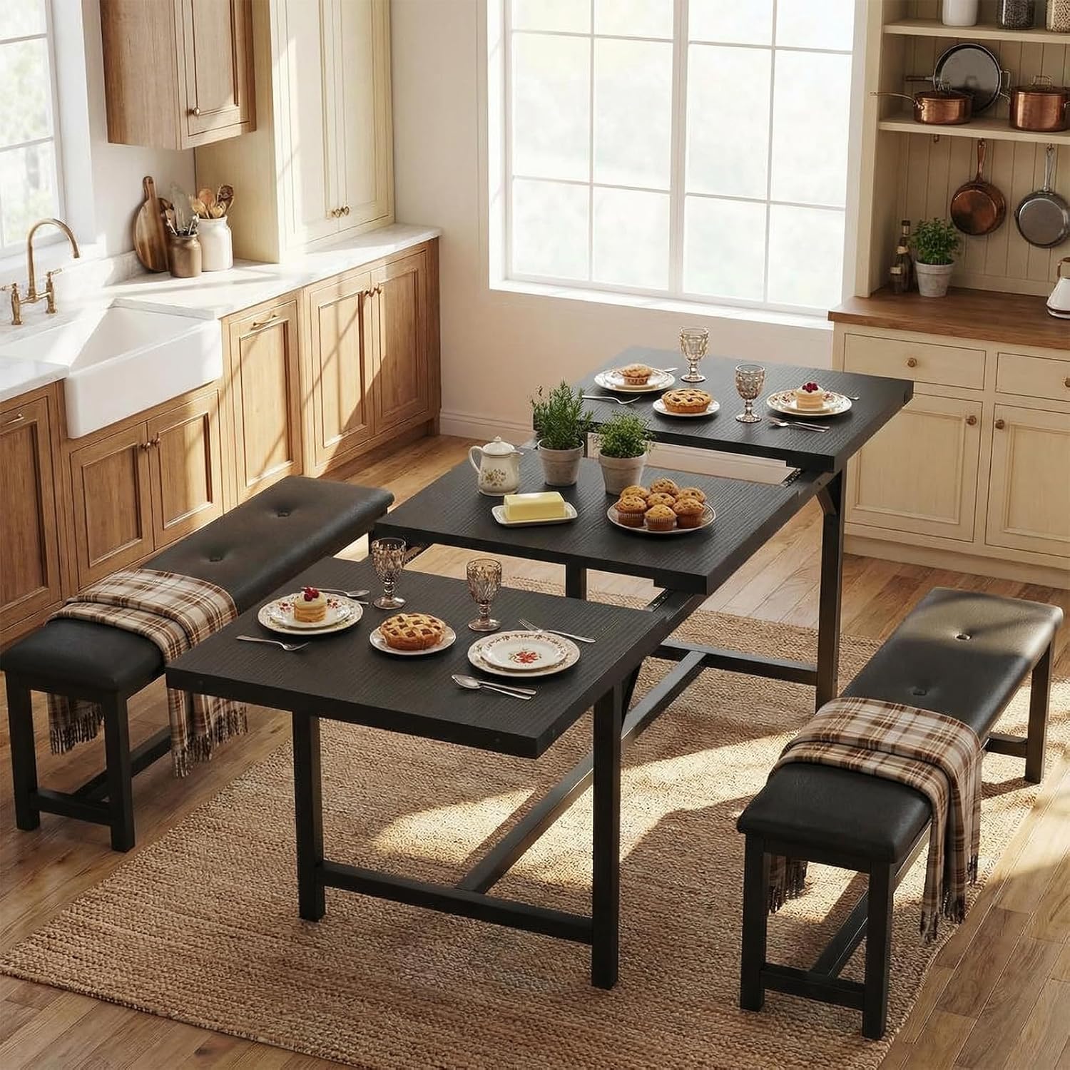 5PC Extendable Dining Set, Table & 2 Benches, Retro Black