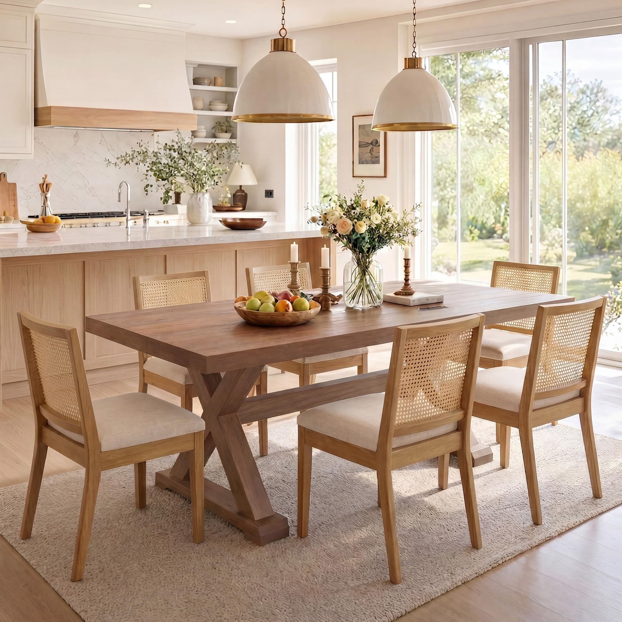 HNY Farmhouse Rattan Dining Chairs Set of 4, Natural Solid Hardwood Frame, Upholstered Linen Seat, Ergonomic Cane Back Dining Room Chairs for Kitchen, Dining Room, Apartment, Beige
