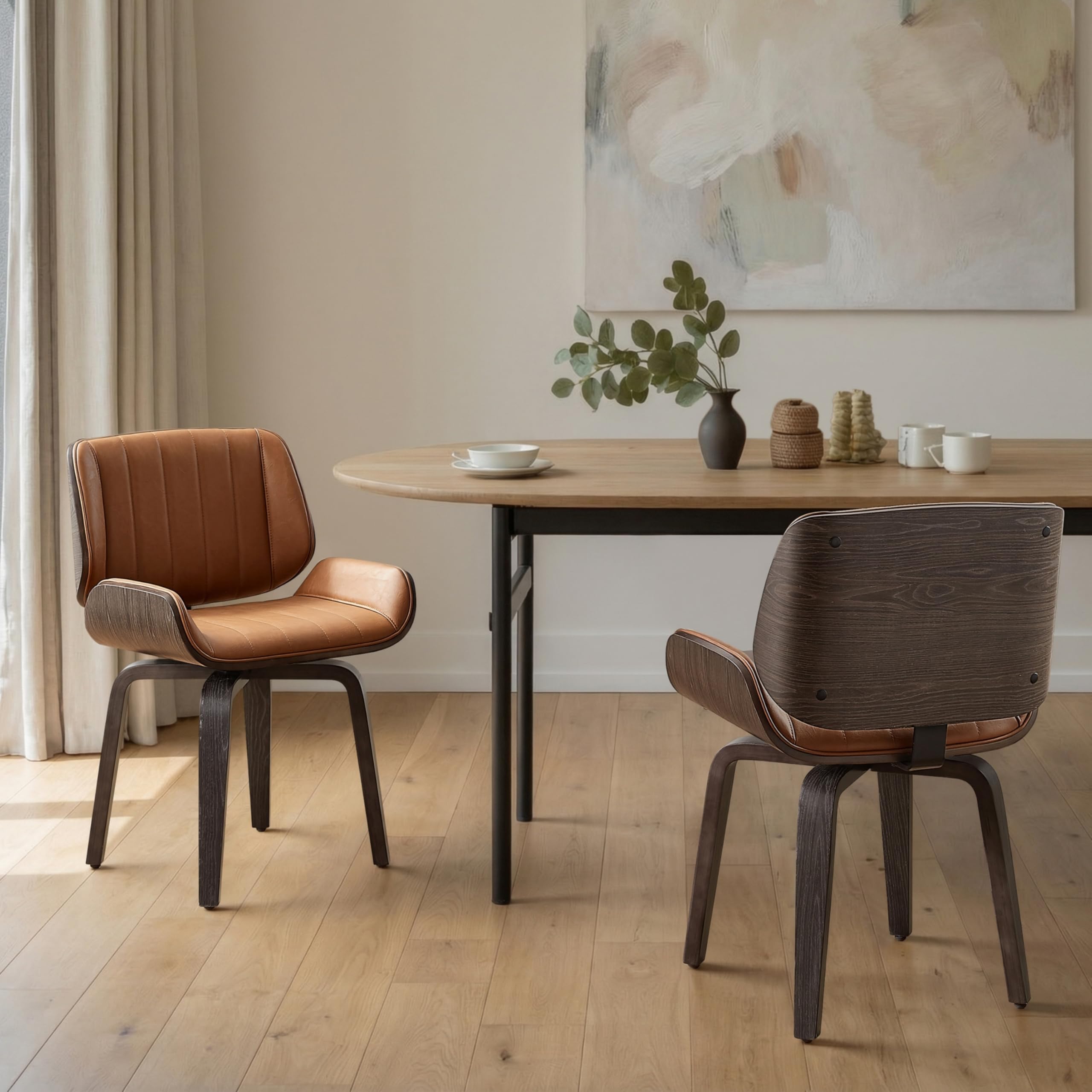 Zouron Swivel Dining Chairs, Mid Century Modern Desk Chairs Retro Faux Leather Chair with Wooden Legs, Kitchen Dining Room Chair with Upholstered Seat, 1 Pcs, Orange Brown