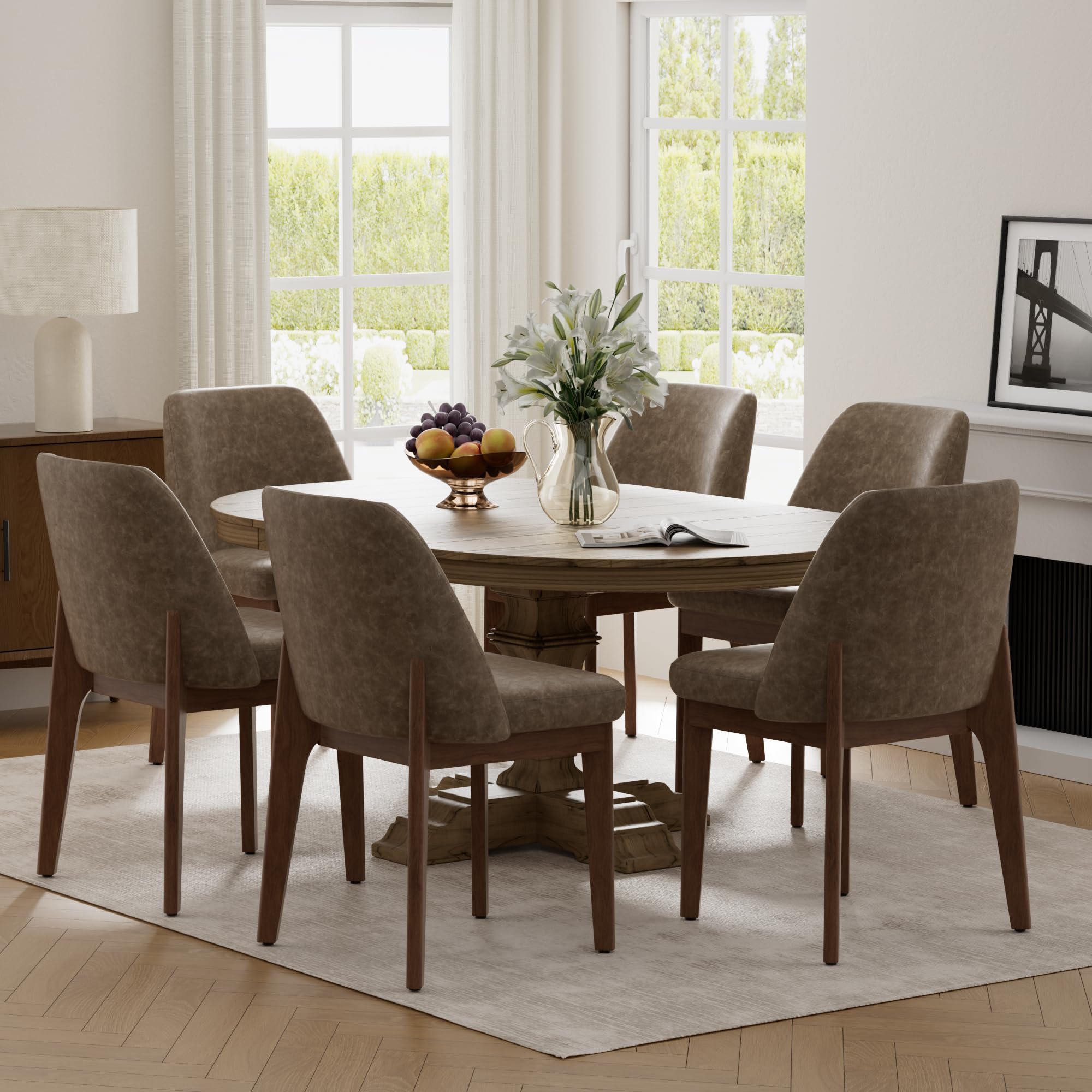 VKNOW Modern Dining Chairs Set of 2, Faux Leather Kitchen Chairs with Wood Legs, Upholstered Side Chair for Kitchen Dining Room, Beige