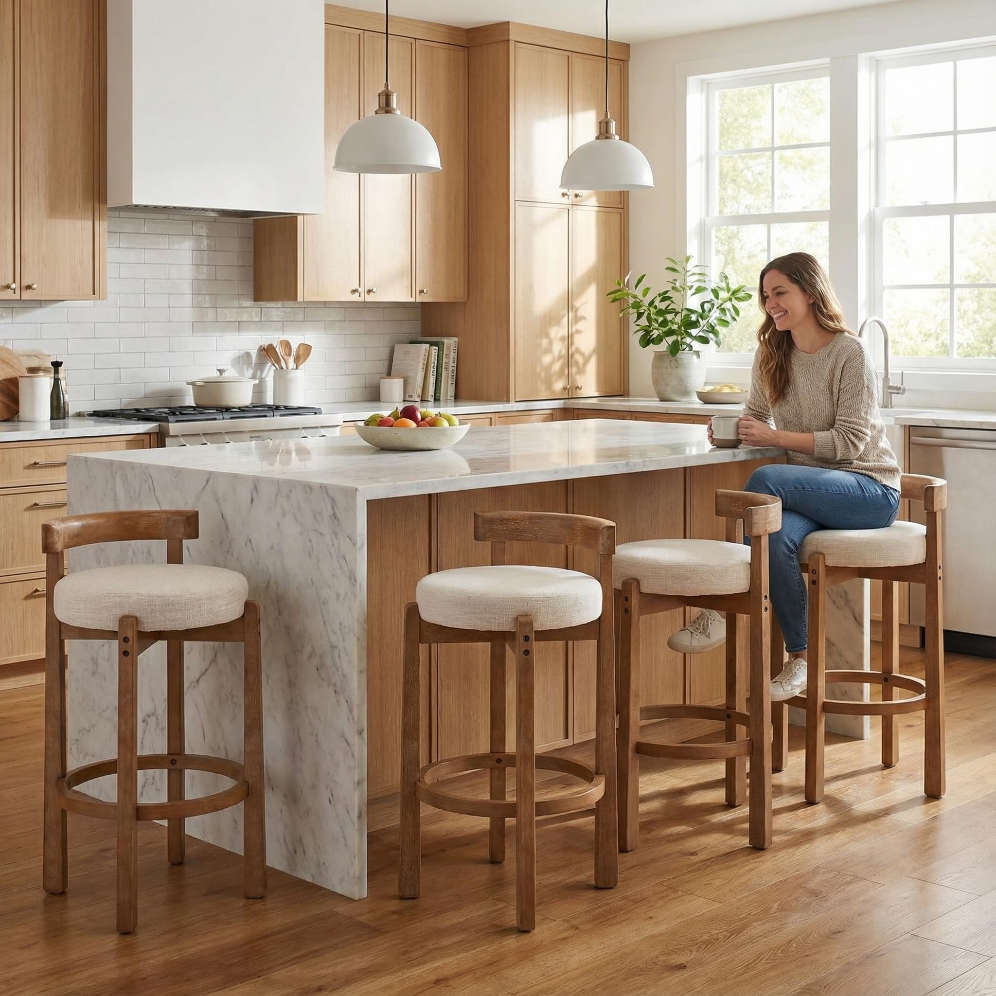 LukeAlon Mid Century Linen Counter Stools Set of 4, Upholstered 26.5” Seat Height Low Barstools with Natural Wood Legs Round Low Back Kitchen Stools with Footrest for Dining Room, Beige