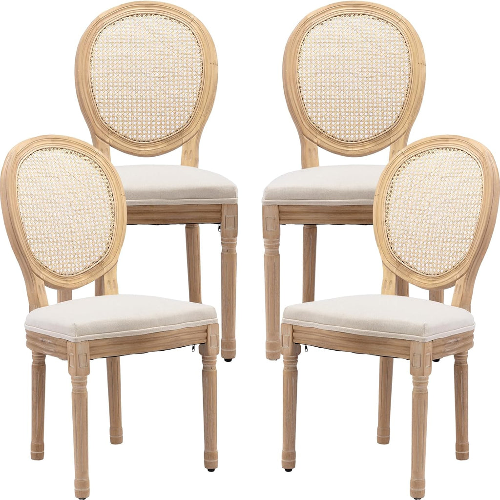 Vintage French Rattan Dining Chairs Set of 4, Solid Wood Frame with Round Rattan Back and Linen Upholstered Seat, Farmhouse Accent Sillas de Comedor Side Chairs for Dining Room & Kitchen, Beige