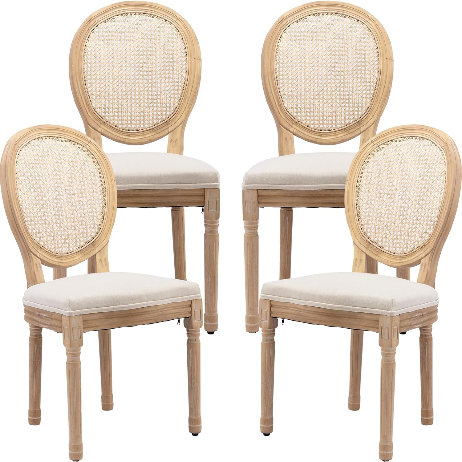 Vintage French Rattan Dining Chairs Set of 4, Solid Wood Frame with Round Rattan Back and Linen Upholstered Seat, Farmhouse Accent Sillas de Comedor Side Chairs for Dining Room & Kitchen, Beige