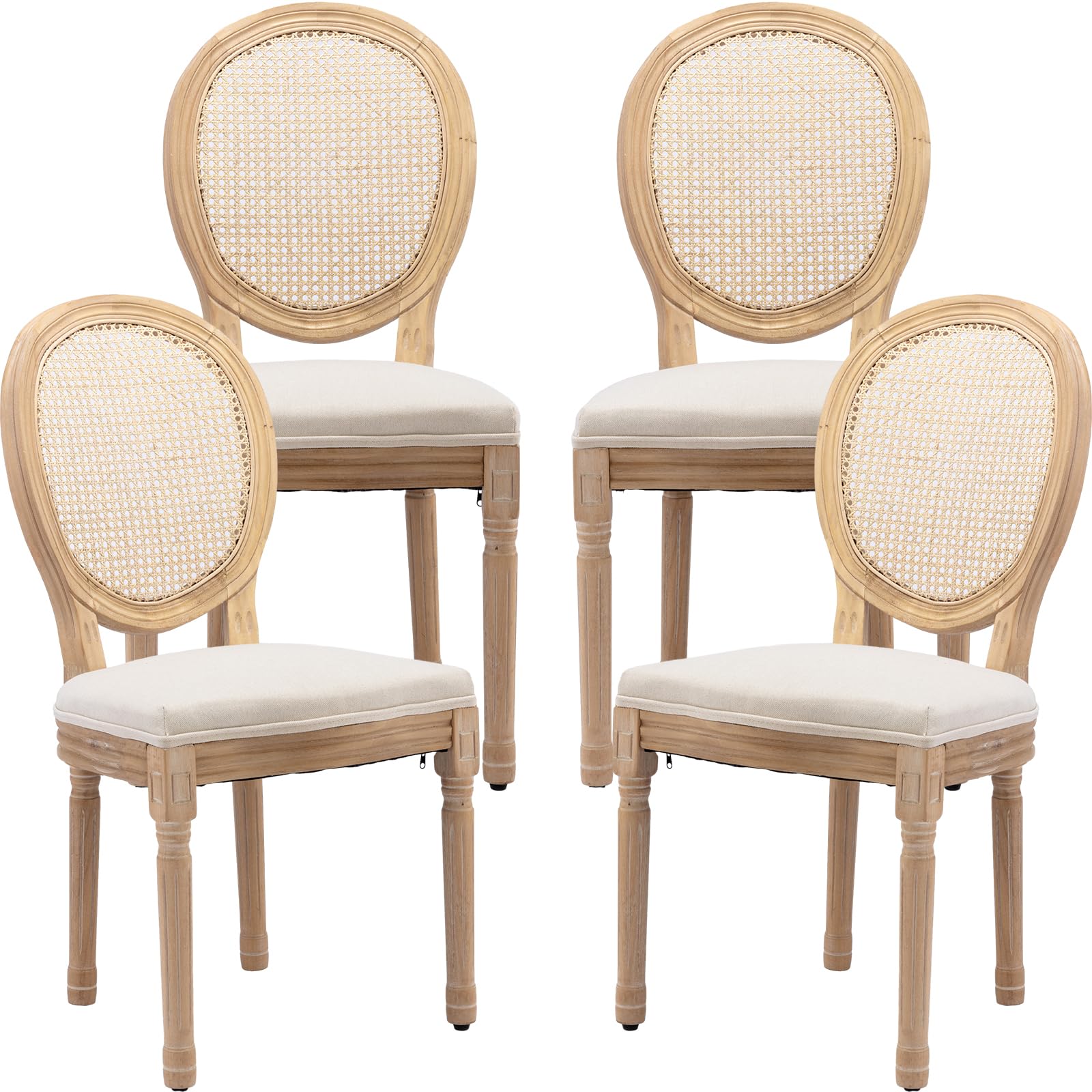 Vintage French Rattan Dining Chairs Set of 4, Solid Wood Frame with Round Rattan Back and Linen Upholstered Seat, Farmhouse Accent Sillas de Comedor Side Chairs for Dining Room & Kitchen, Beige