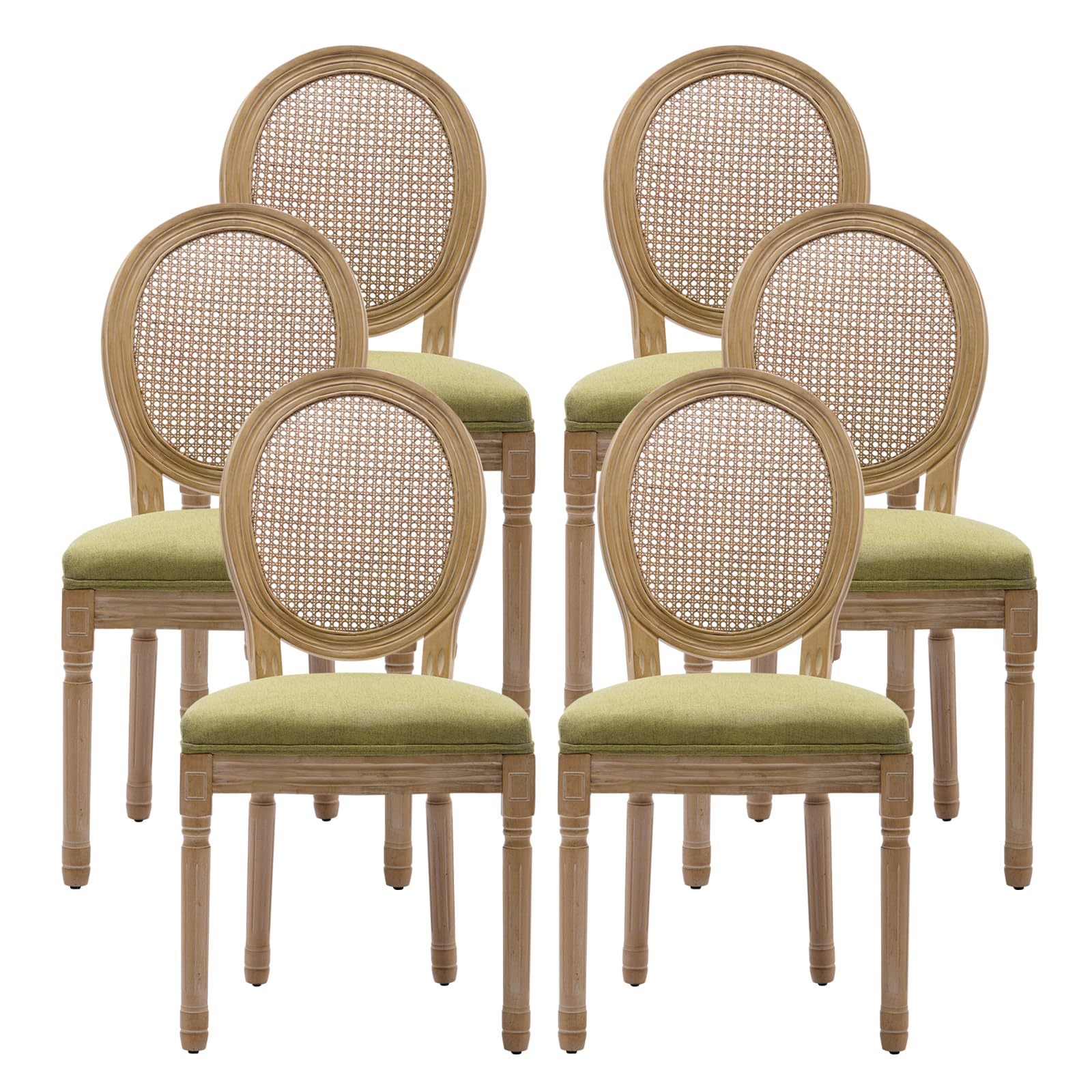 French Country Dining Chairs Set of 4，Fabric Upholstered Dining Chair with Round Back and Solid Leg, Rattan Kitchen Chairs for Dining Room, Living Room, Kitchen, Olive Green