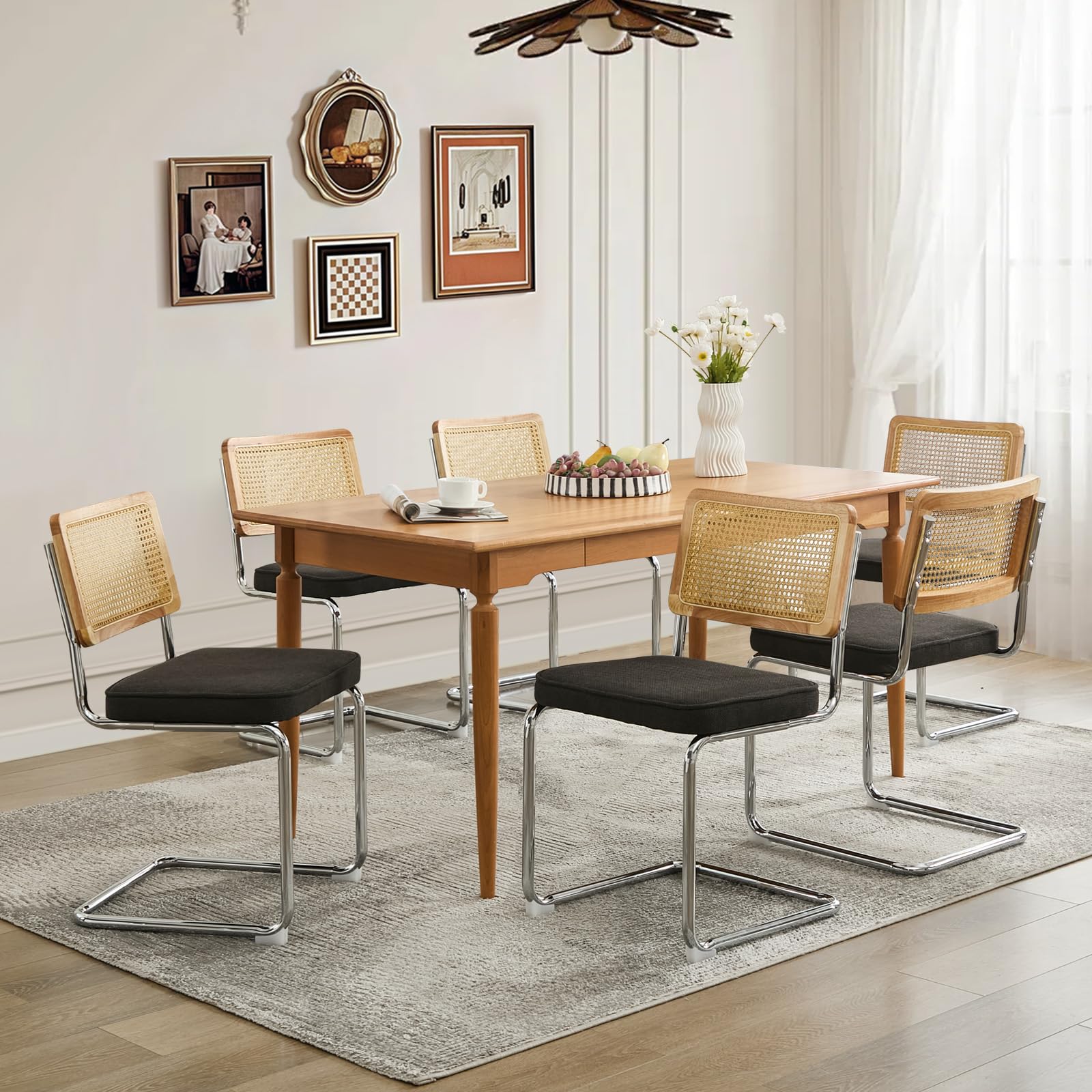 Rattan Dining Chairs Set of 4,Upholstered Mid-Century Modern Dining Room Chairs with Cane Backrest,Retro Velvet Kitchen Chairs with Stainless Chrome Base,Green