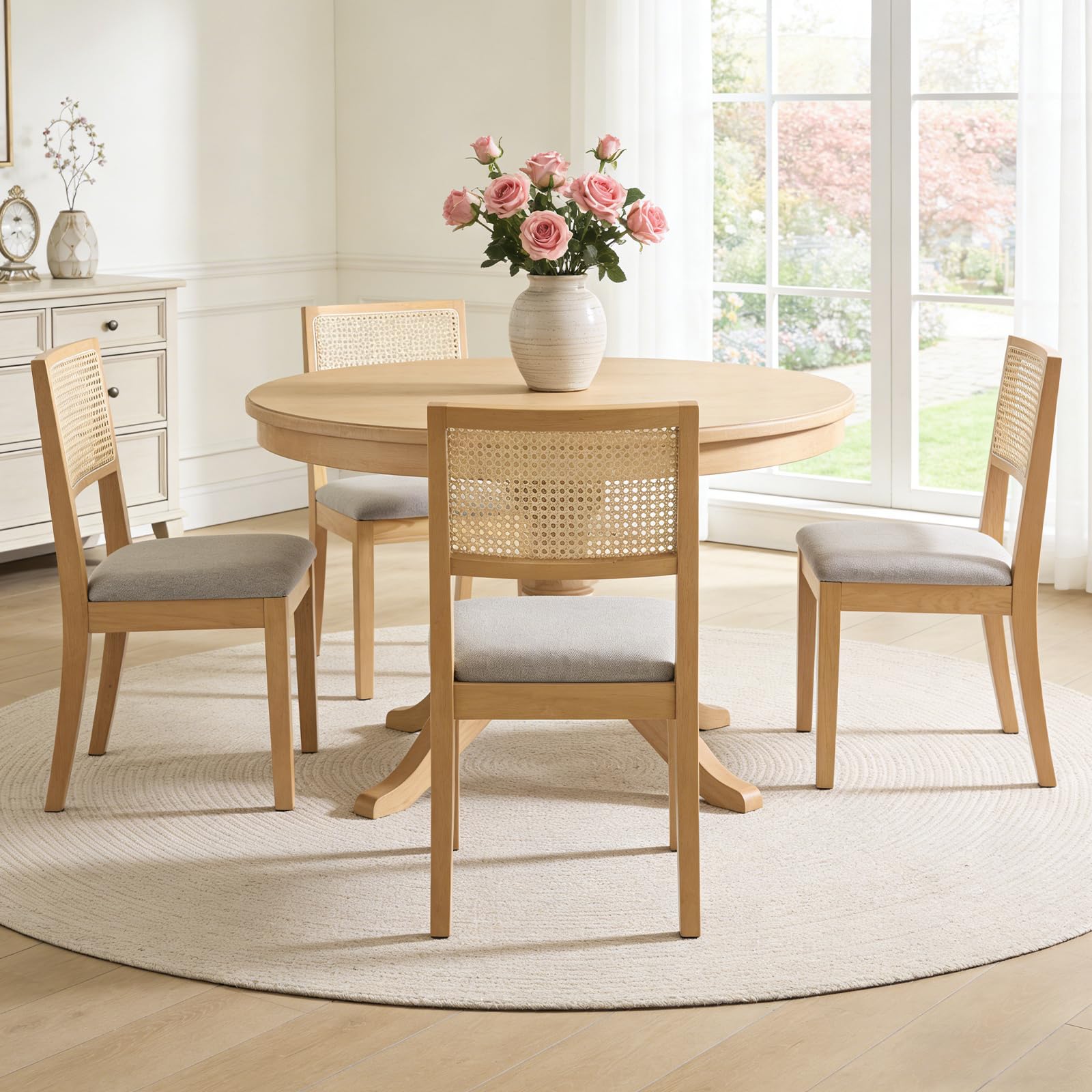 Farmhouse Rattan Dining Chairs Set of 4,Cane Back Kitchen Dining Room Chairs, Upholstered Mid Century Modern Rattan Chair Comfy Side Wood Chair for Living Room/Restaurant, Linen Fabric, Beige