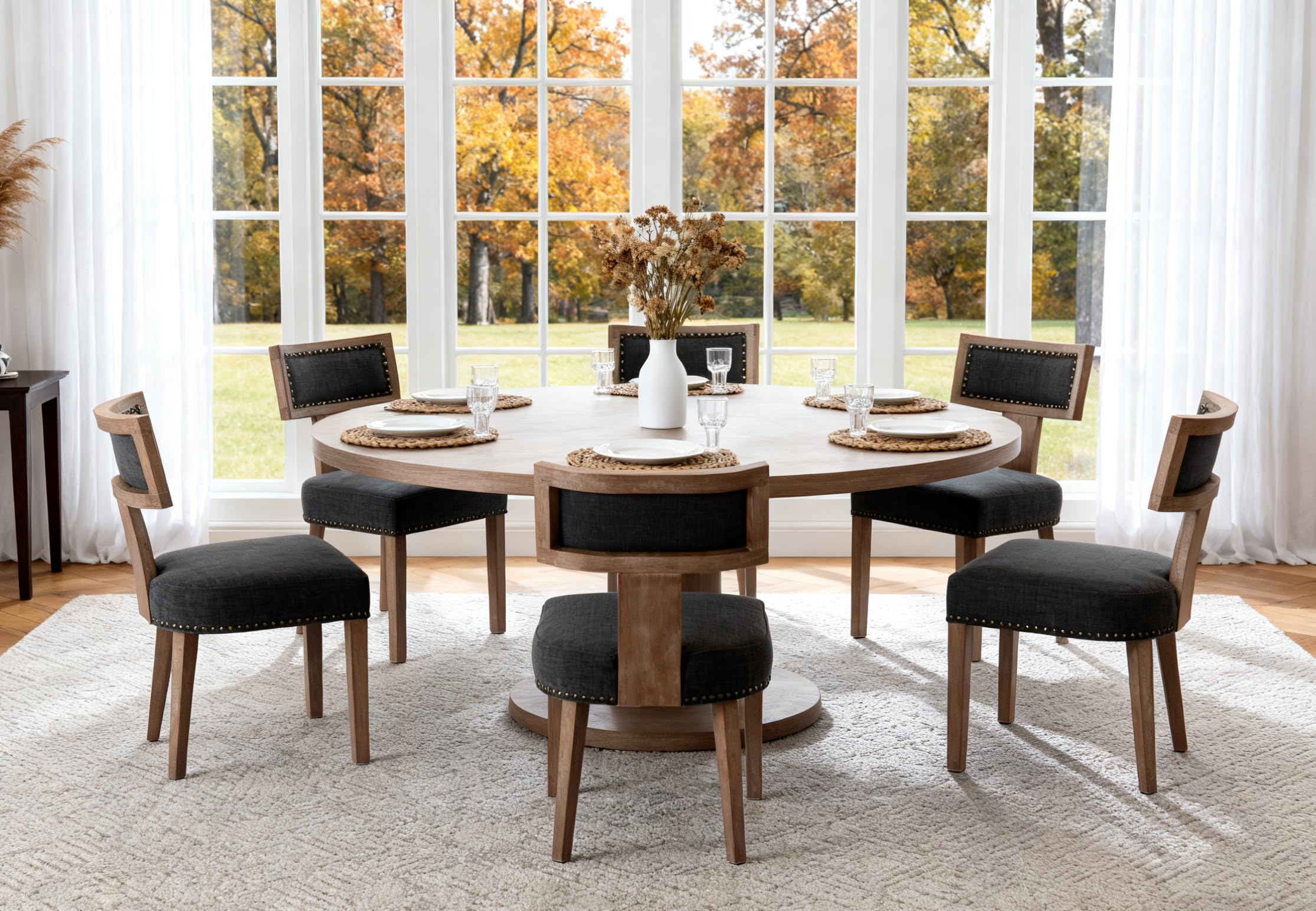 RIVOVA Rattan Dining Chairs Set of 4, Mid Century Modern Dining Chair Upholstered Linen Fabric Kitchen Side Chair, Modern Kitchen Armless Solid Wood Dining Chairs, Beige