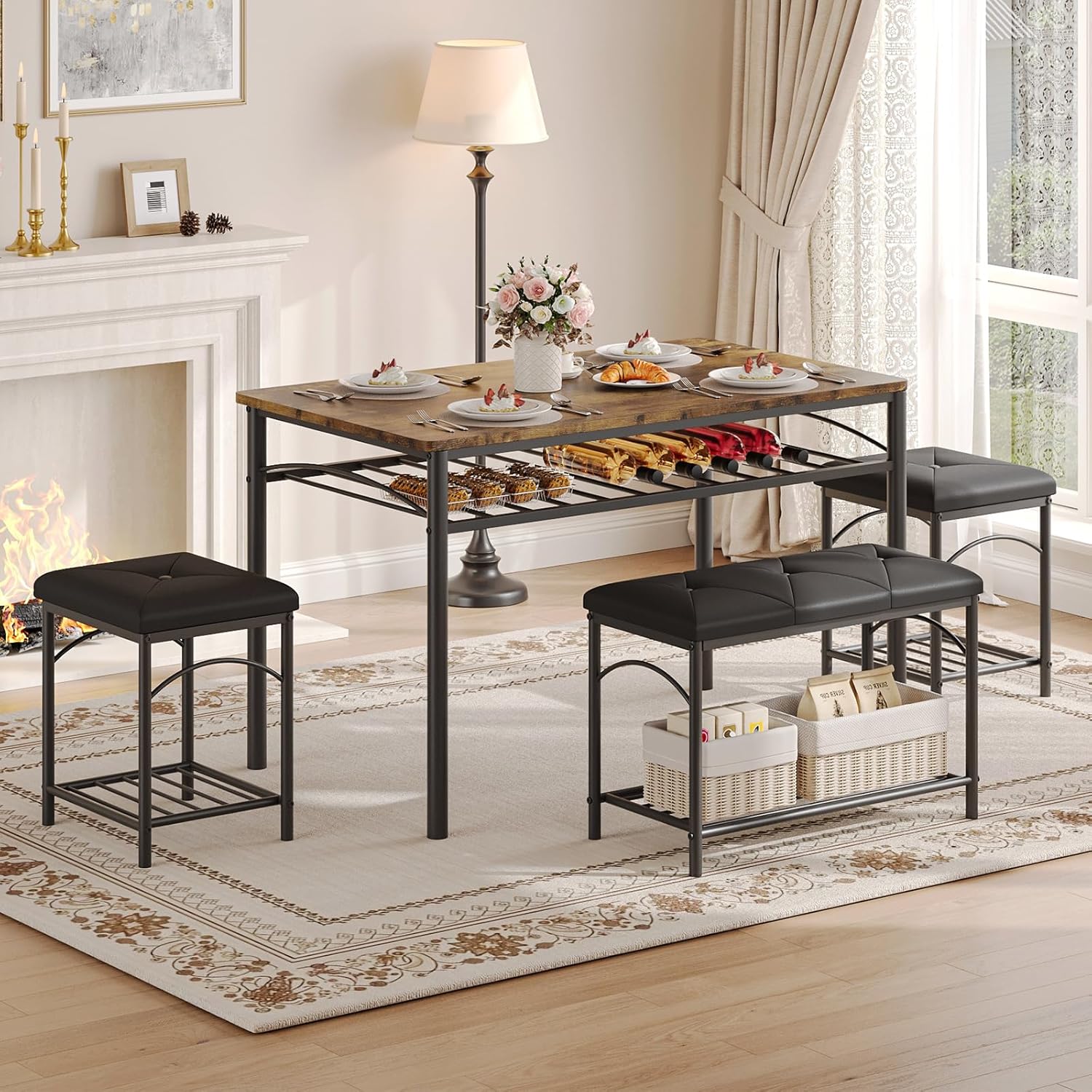Garvee Dining Table Set for 4, Kitchen Table with Upholstered Bench and 2 Stools, 4 Pieces Kitchen Table Set with Storage Rack & Metal Frame for Small Space, Kitchen Table and Chairs Set for Apartment