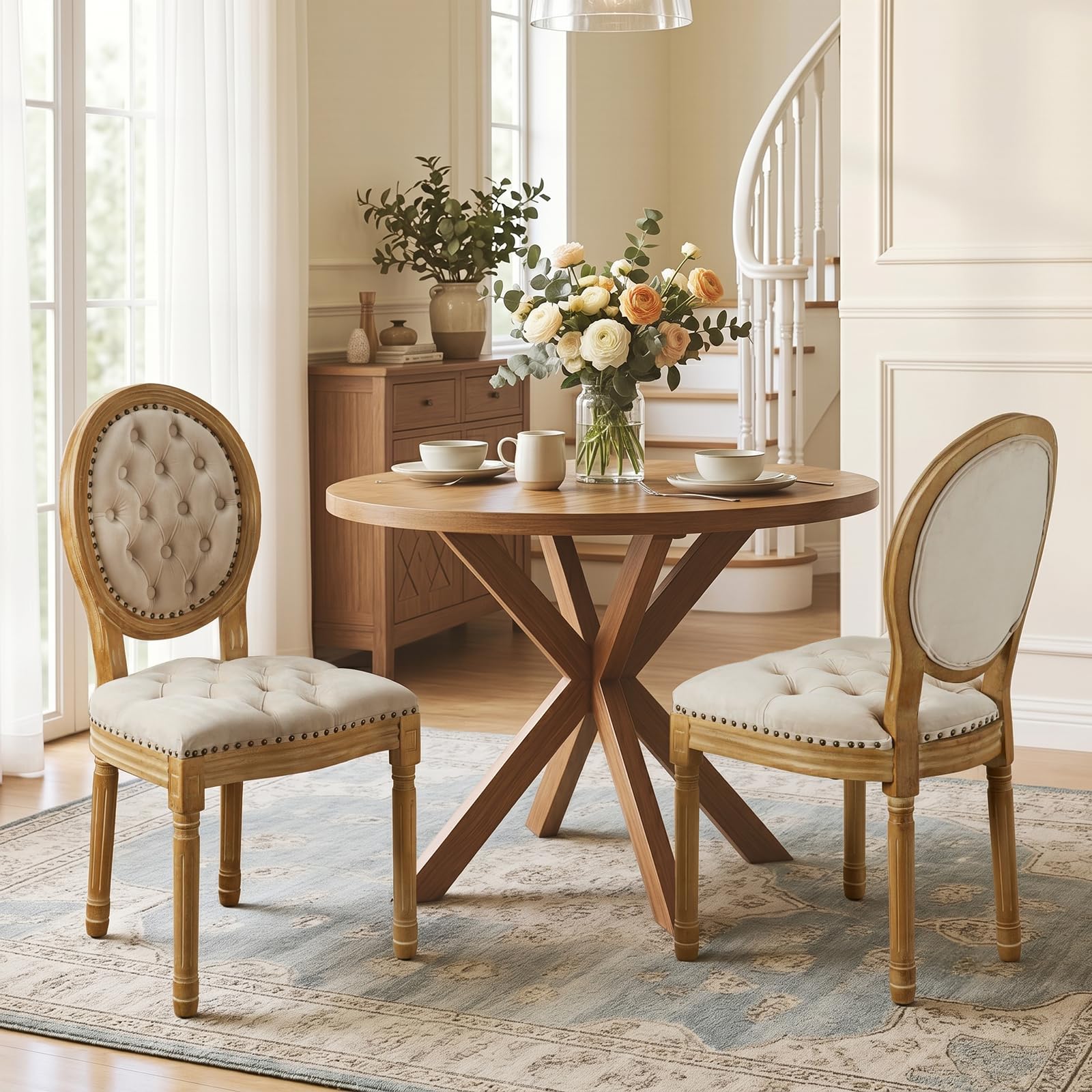 SoarFlash French Dining Chairs Set of 2, Vantage Dining Chair with Round Back, Wood Leg Farmhouse Country Rattan Dining Chair for Kitchen,Bedroom,Beige