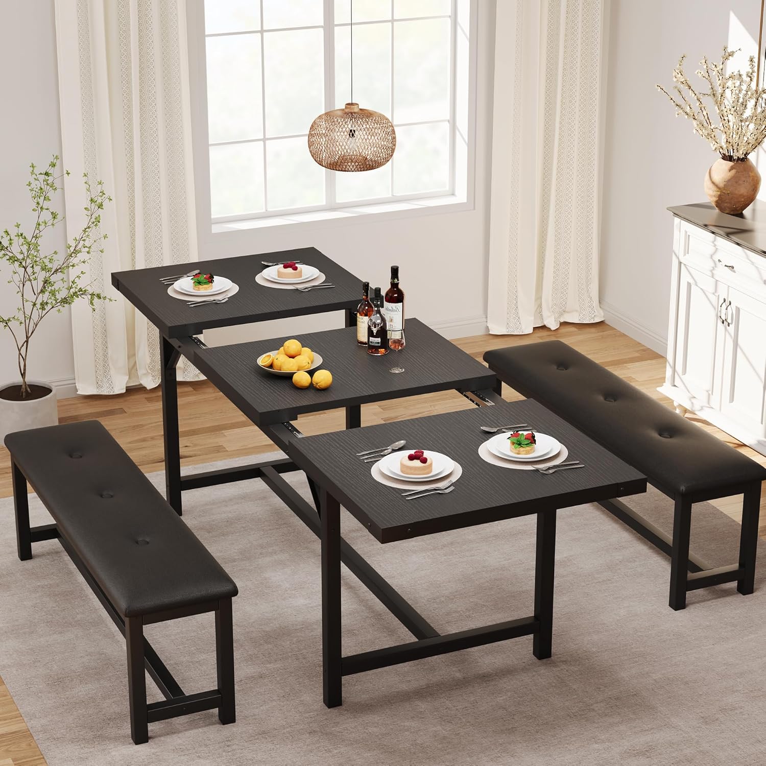 IDEALHOUSE 3 Piece Dining Table Set for 4-6, 63" Extendable Thick Metal Frame Kitchen Table with 2 Upholstered Benches Set for 6, Rectangle Wooden Dinette Table Set for Dining, Apartment, Retro Black