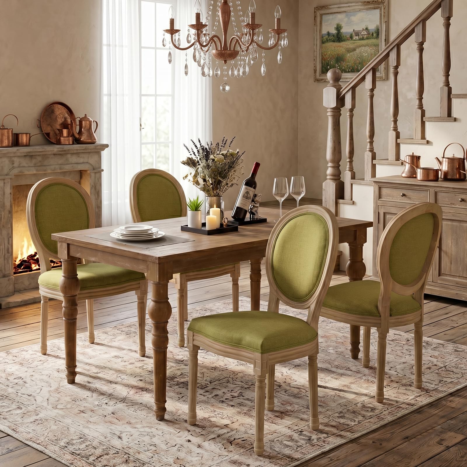 SoarFlash French Dining Chairs Set of 2, Vantage Dining Chair with Round Back, Wood Leg Farmhouse Country Rattan Dining Chair for Kitchen,Bedroom,Beige