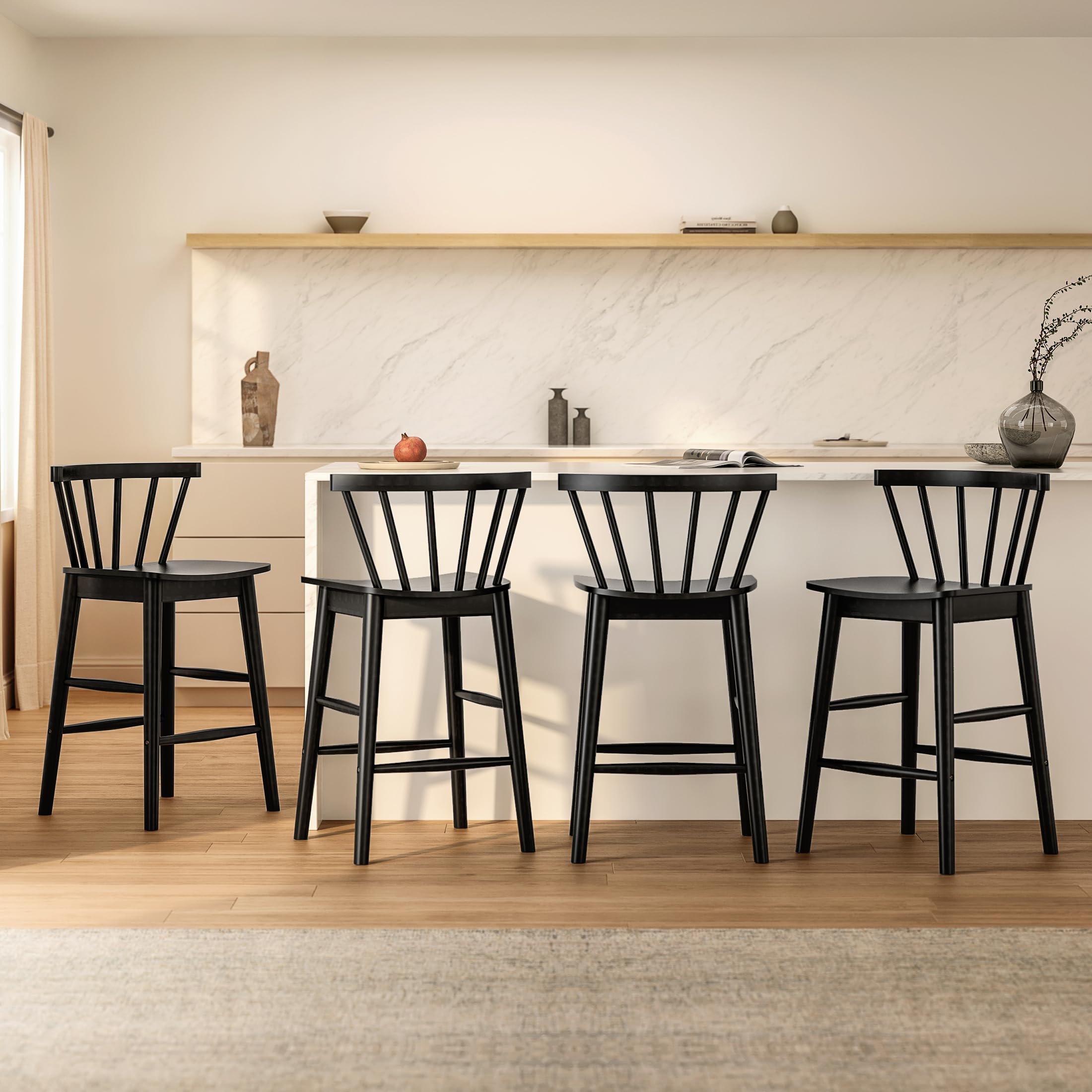 Modern Bar Stools Set of 2, 24" Wooden Counter Height Barstools, Modern Armless Farmhouse Bar Dining Chairs with Back & Footrest for Kitchen Island Pub, Natural Oak