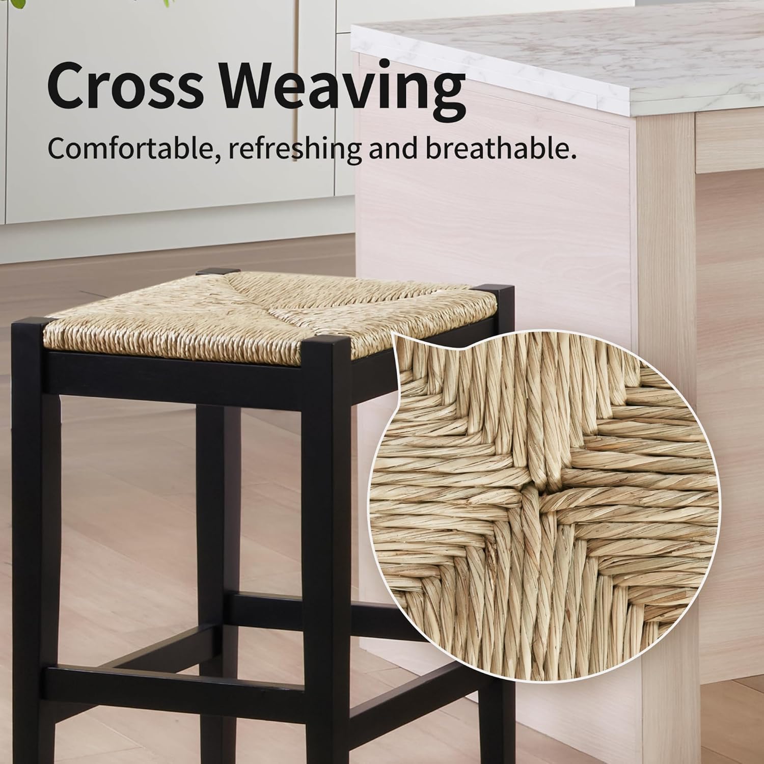 2PC Woven Seagrass Counter Stools, Black Solid Wood Legs, 26 Inch