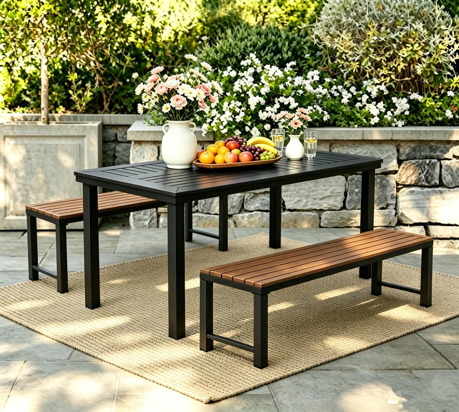 Patio Dining Set, HDPE Outdoor Dining Table with 2 Benches, All-Weather Steel Frame Outdoor Furniture for Backyard BBQ, Family Gatherings, Deck & Garden