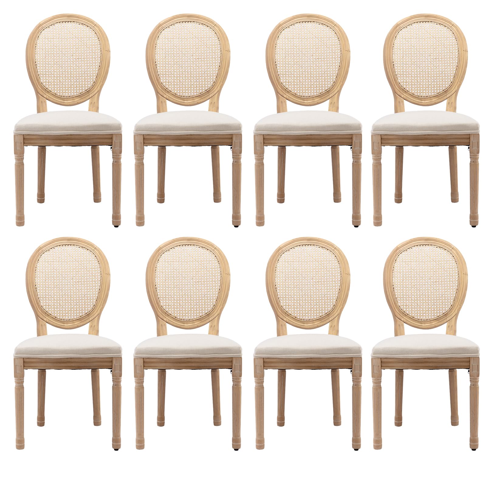 French Country Dining Chairs Set of 4，Fabric Upholstered Dining Chair with Round Back and Solid Leg, Rattan Kitchen Chairs for Dining Room, Living Room, Kitchen, Olive Green