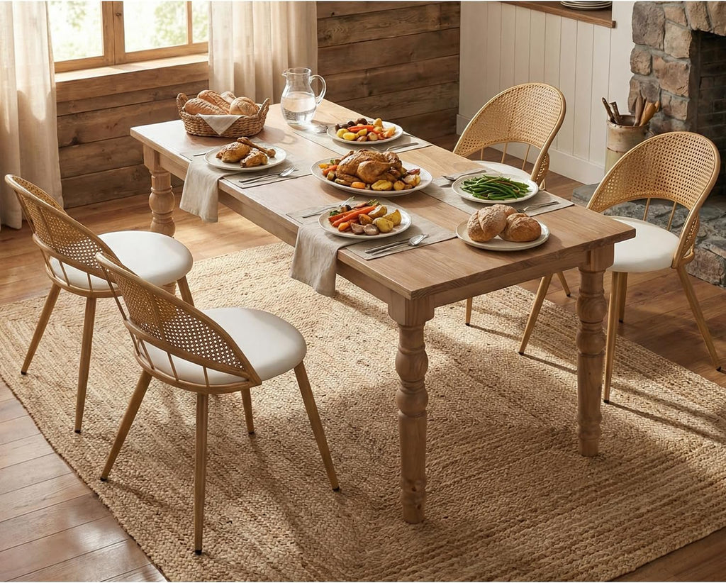 TYBOATLE Rattan Dinner Chairs Set of 4 with Faux Leather Cushion, Modern Dining Room Chairs w/Adjustable Foot Pads, Kitchen Boho Chairs Mid Century Upholstered, White