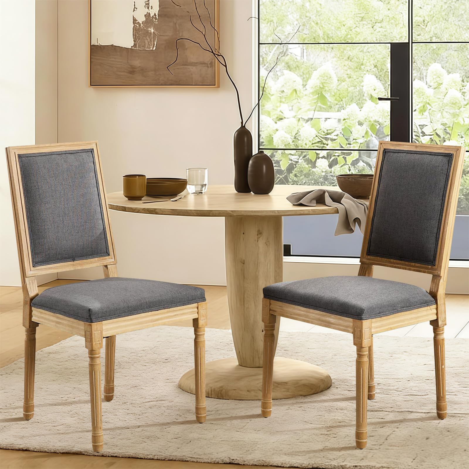Rattan Back Upholstered Dining Chairs Set of 4 French Country Oval Kitchen Side Chairs with Wood Legs for Dining Room, Kitchen, Restaurant(Beige-Rattan)