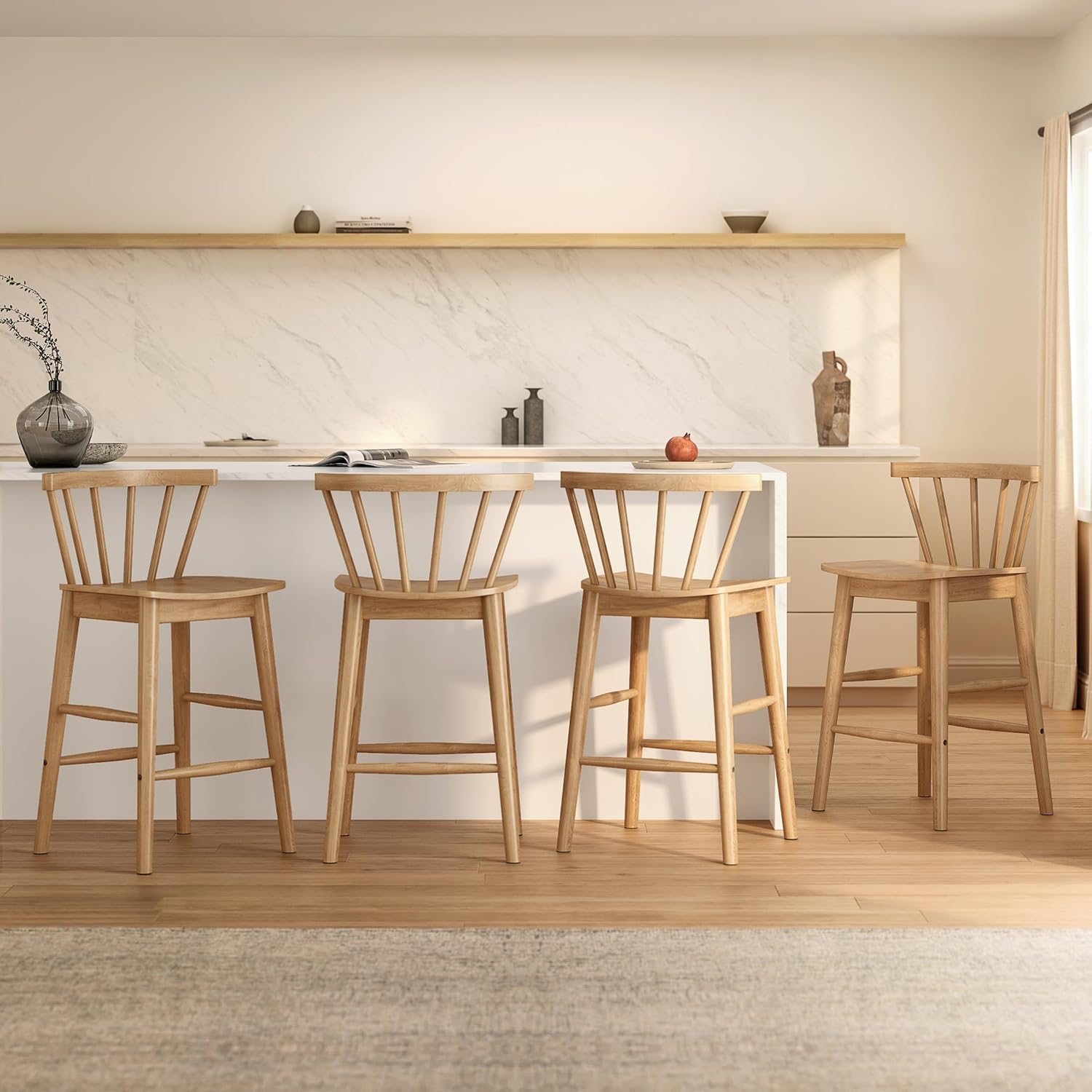 EYYTHUNG Wood Bar Stools Set of 3, Farmhouse 24" Barstool Counter Stools with Curved Back Counter Chairs for Kitchen Islands Dining Room, Natural Oak