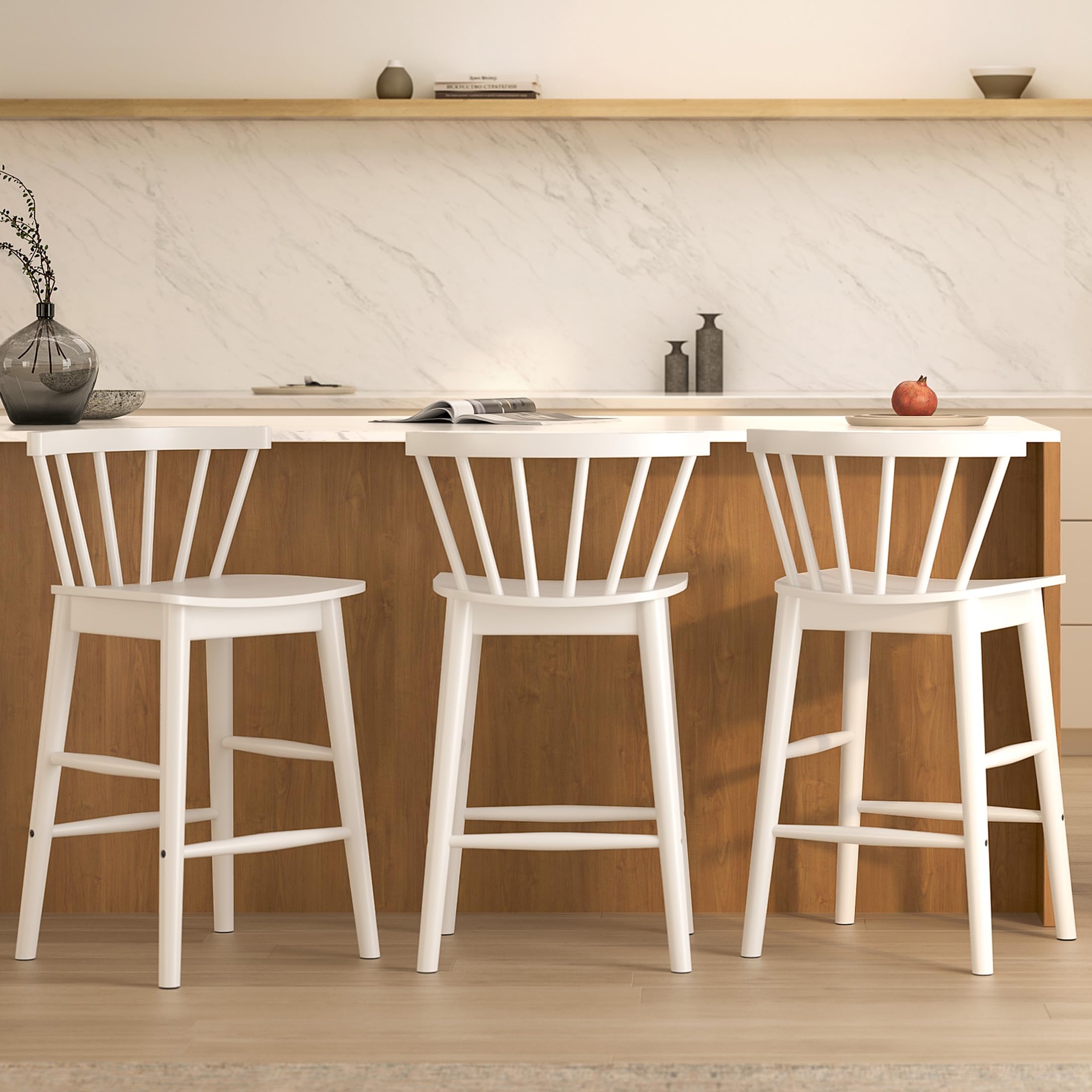 EYYTHUNG Wood Bar Stools Set of 3, Farmhouse 24" Barstool Counter Stools with Curved Back Counter Chairs for Kitchen Islands Dining Room, Natural Oak