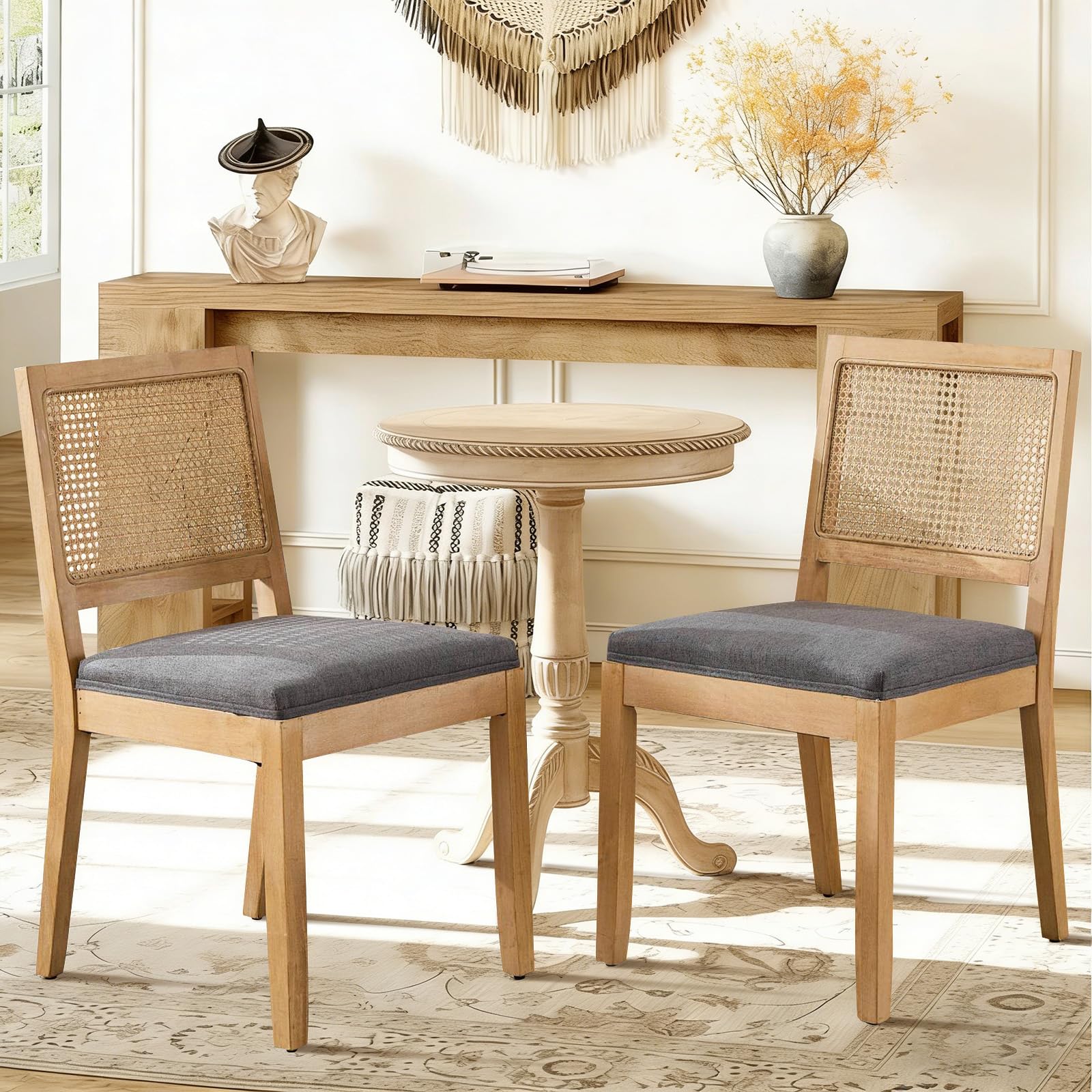 Rattan Back Upholstered Dining Chairs Set of 4 French Country Oval Kitchen Side Chairs with Wood Legs for Dining Room, Kitchen, Restaurant(Beige-Rattan)