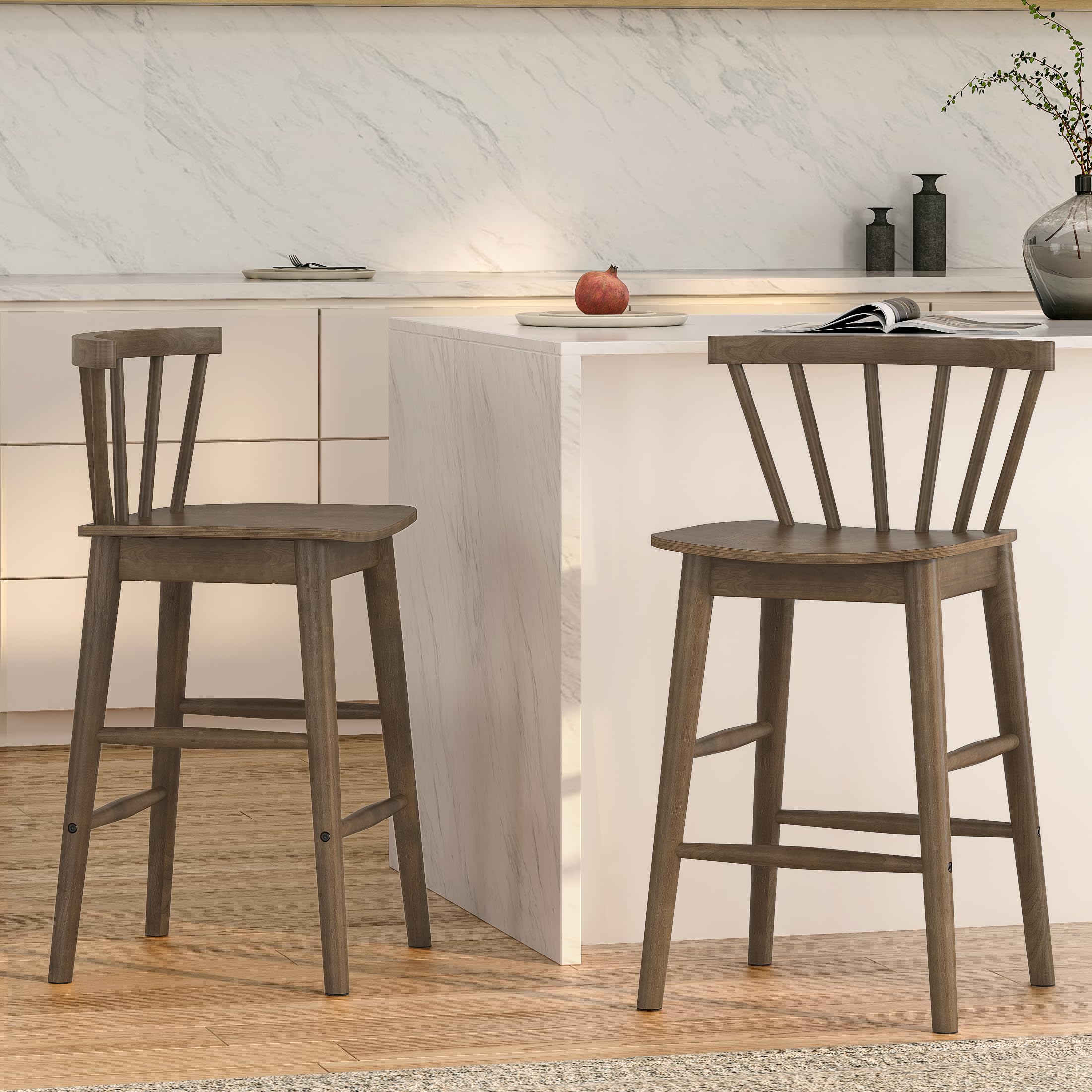 EYYTHUNG Wood Bar Stools Set of 3, Farmhouse 24" Barstool Counter Stools with Curved Back Counter Chairs for Kitchen Islands Dining Room, Natural Oak