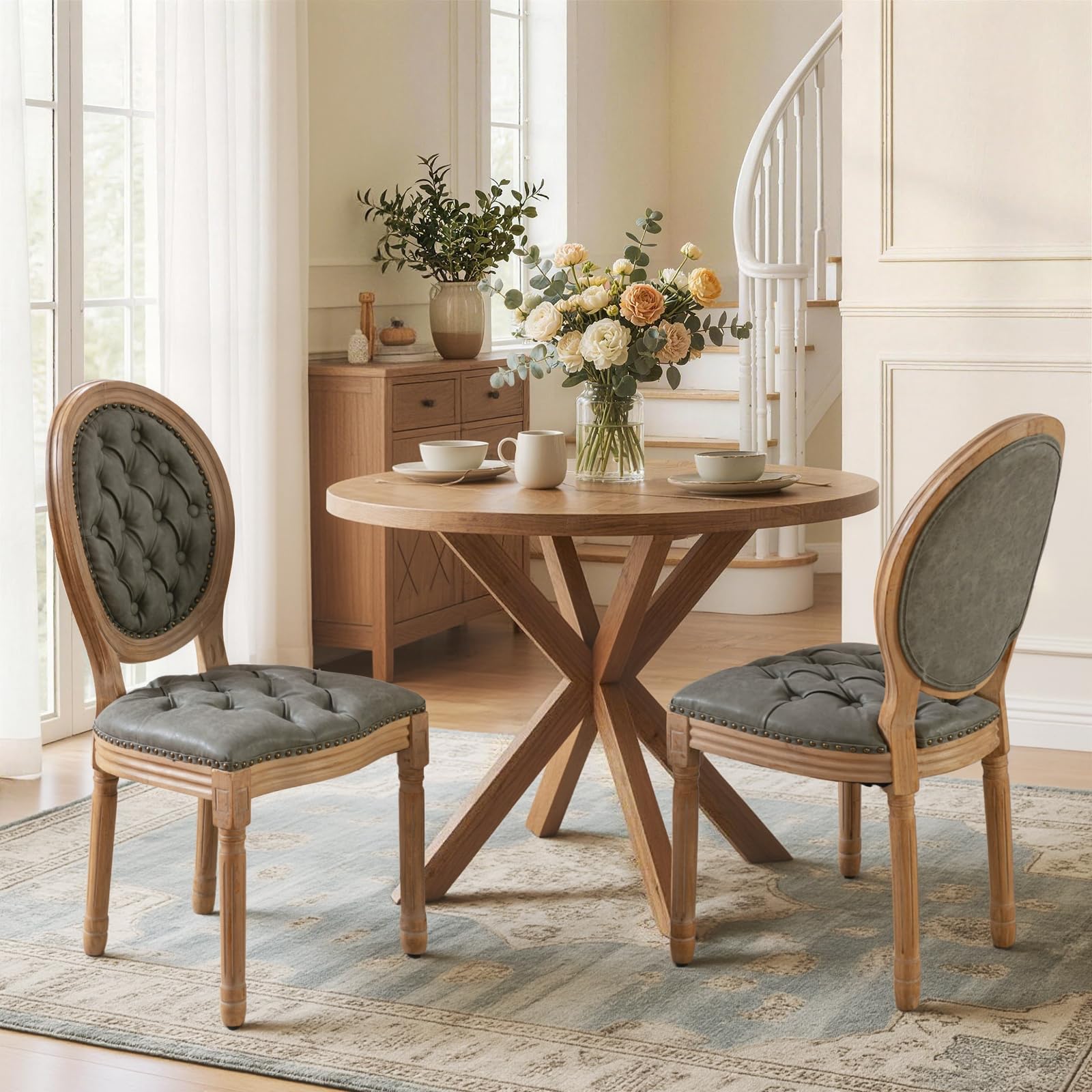 SoarFlash French Dining Chairs Set of 2, Vantage Dining Chair with Round Back, Wood Leg Farmhouse Country Rattan Dining Chair for Kitchen,Bedroom,Beige