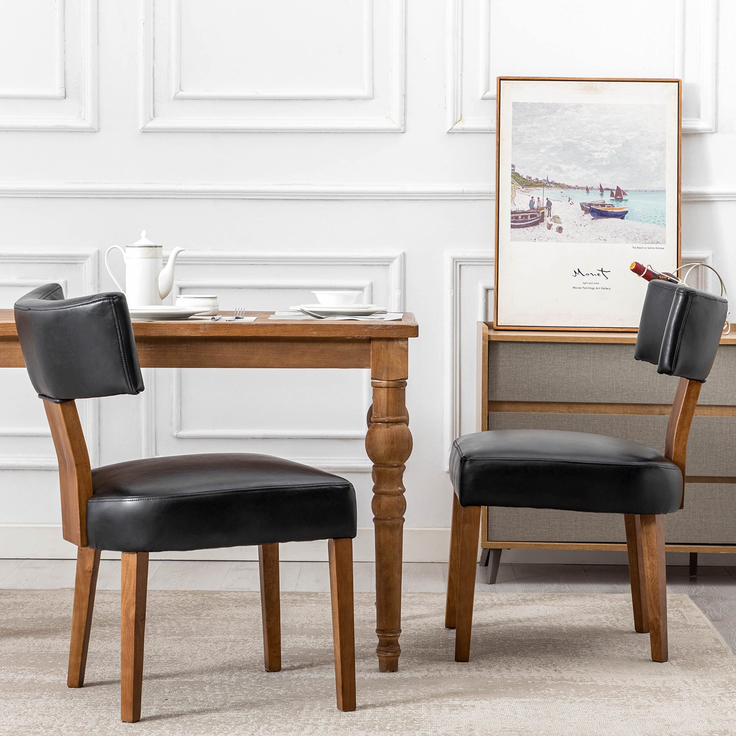 RIVOVA Rattan Dining Chairs Set of 4, Mid Century Modern Dining Chair Upholstered Linen Fabric Kitchen Side Chair, Modern Kitchen Armless Solid Wood Dining Chairs, Beige