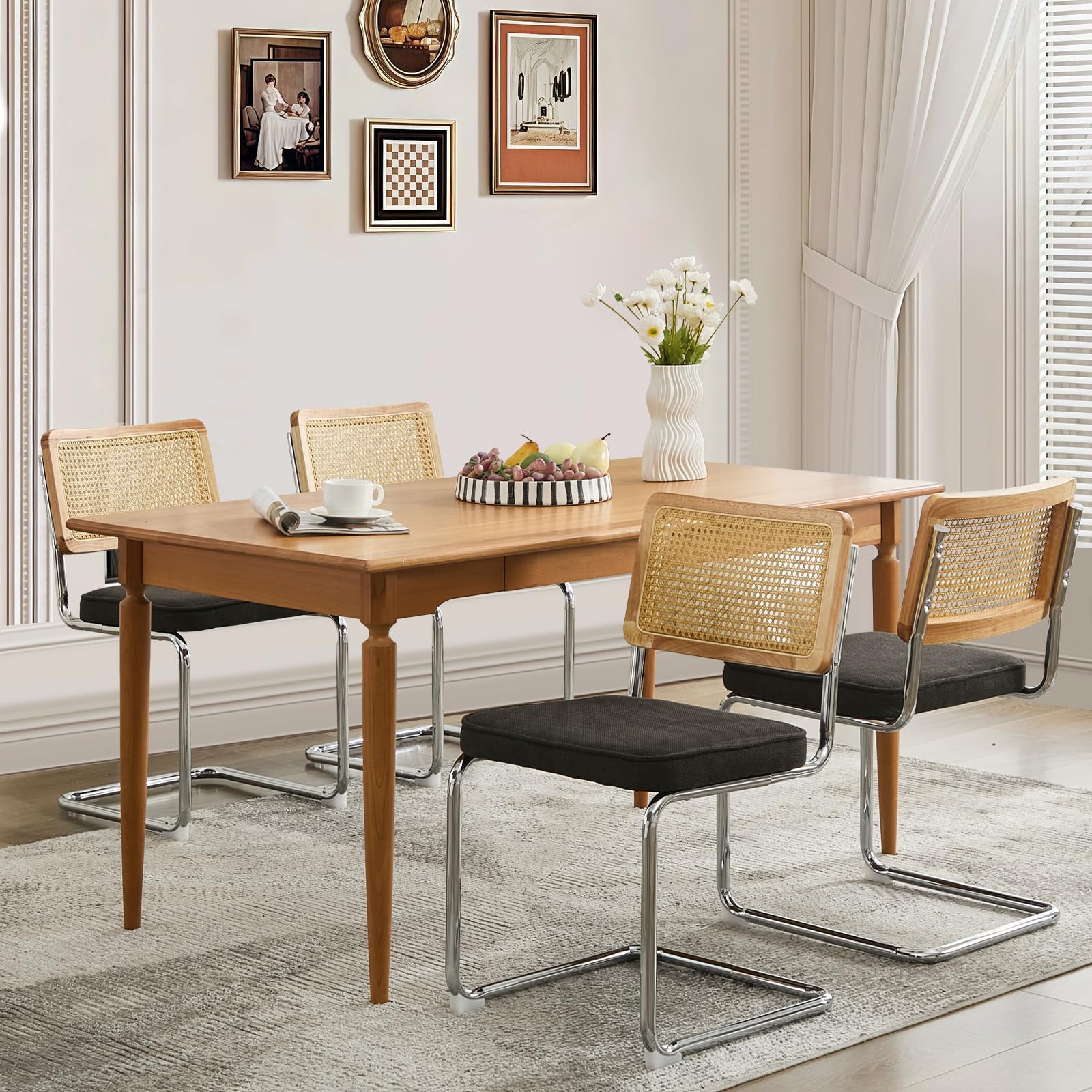 Rattan Dining Chairs Set of 4,Upholstered Mid-Century Modern Dining Room Chairs with Cane Backrest,Retro Velvet Kitchen Chairs with Stainless Chrome Base,Green