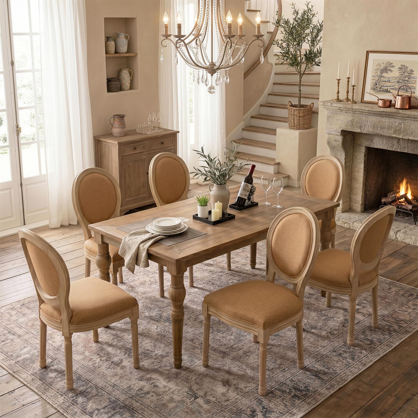 SoarFlash French Dining Chairs Set of 2, Vantage Dining Chair with Round Back, Wood Leg Farmhouse Country Rattan Dining Chair for Kitchen,Bedroom,Beige