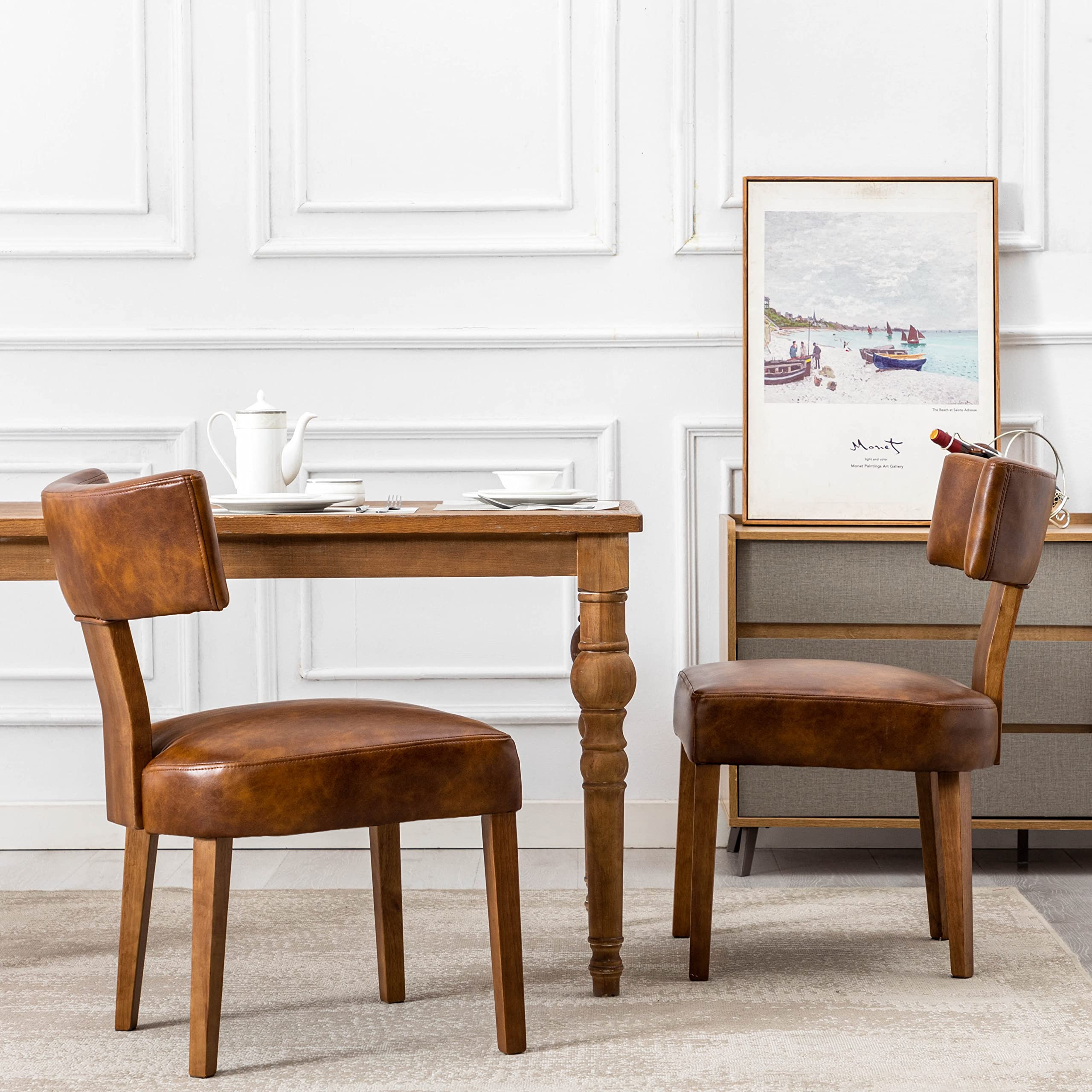 RIVOVA Rattan Dining Chairs Set of 4, Mid Century Modern Dining Chair Upholstered Linen Fabric Kitchen Side Chair, Modern Kitchen Armless Solid Wood Dining Chairs, Beige